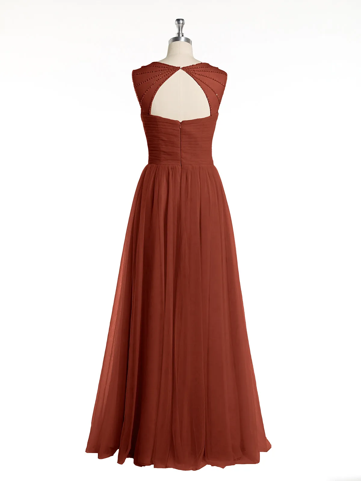 Cross-Pleated Tulle Long Dresses with Beaded Straps Rust