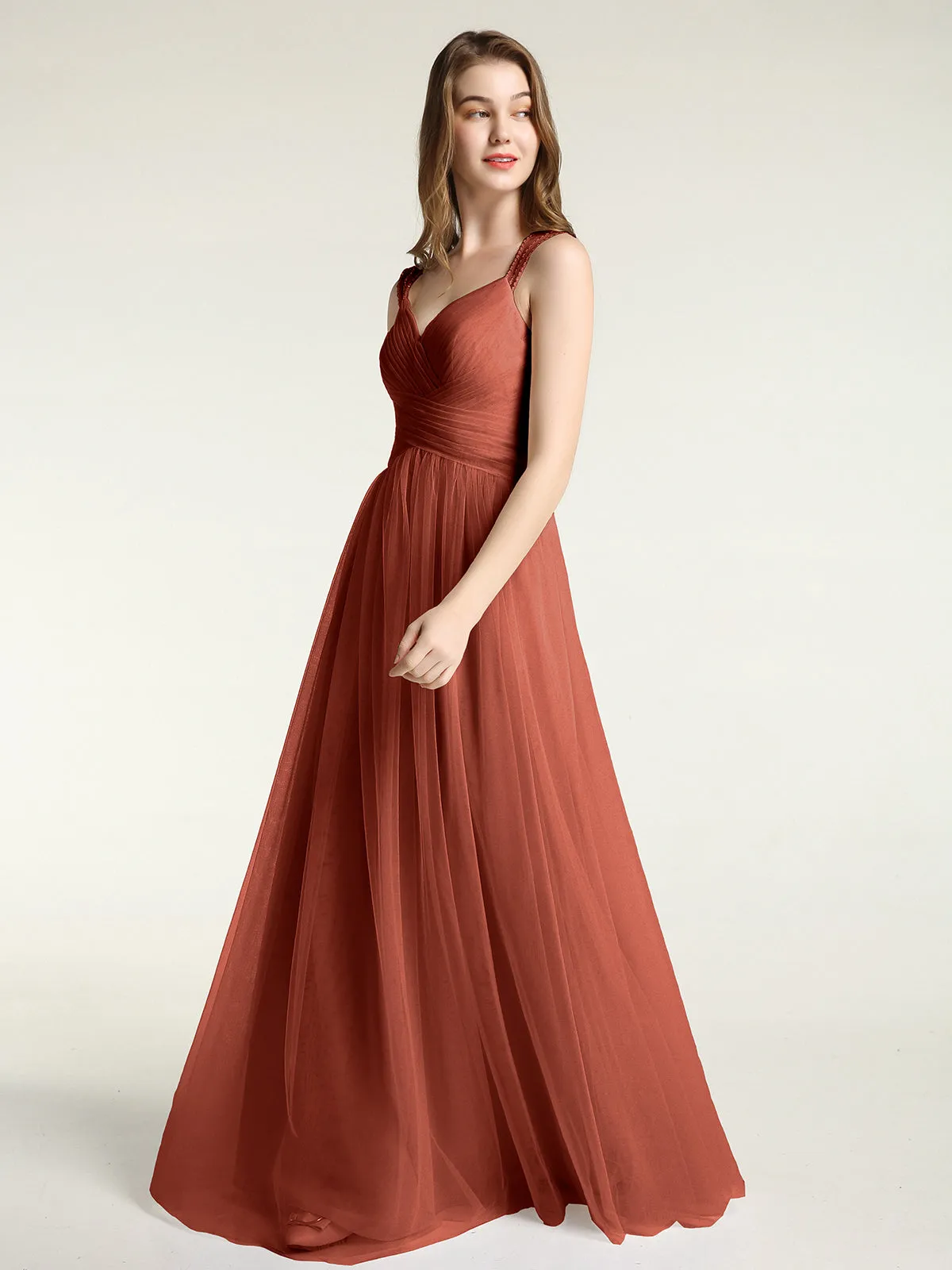 Cross-Pleated Tulle Long Dresses with Beaded Straps Rust