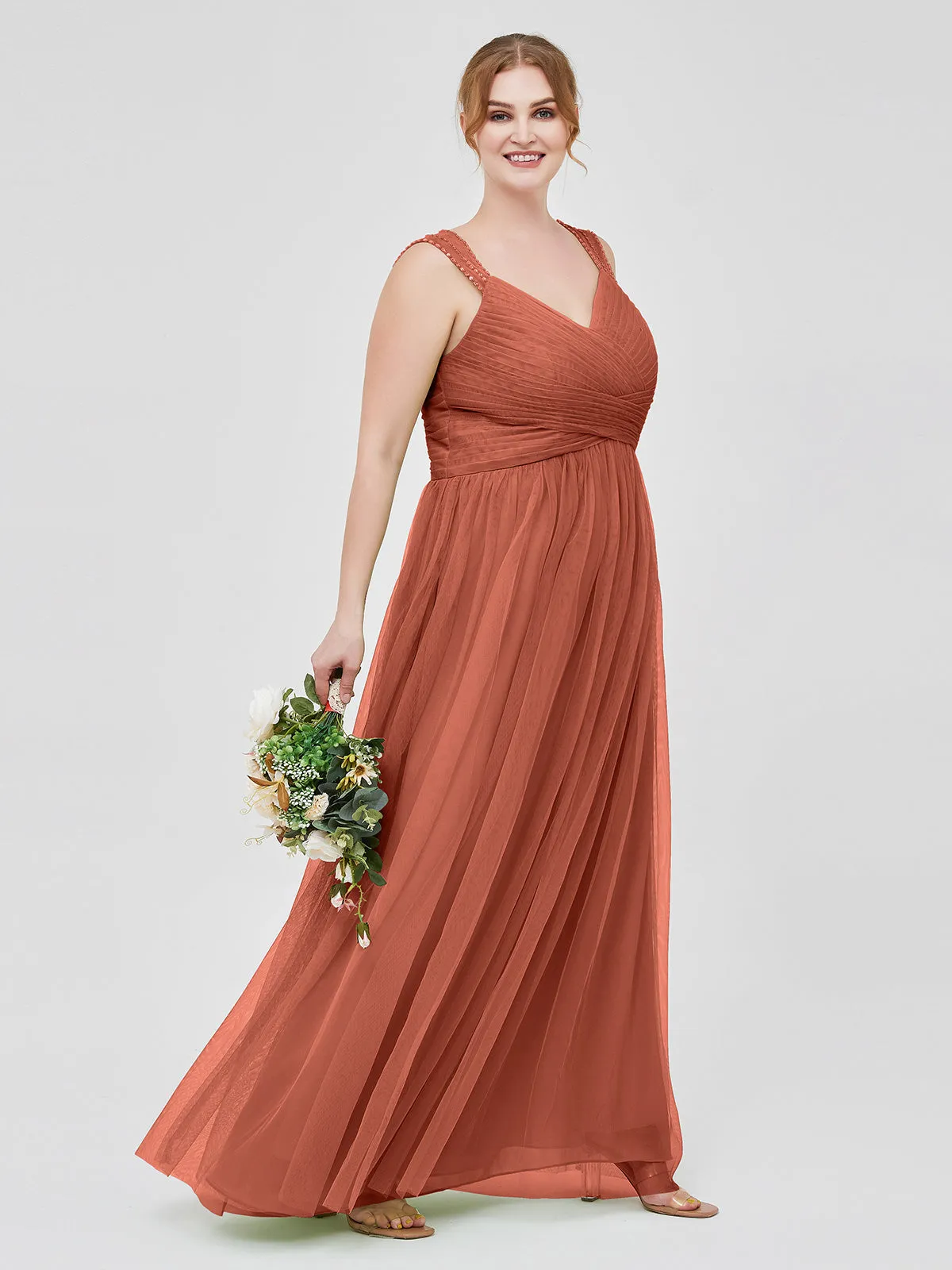 Cross-Pleated Tulle Long Dresses with Beaded Straps Rust