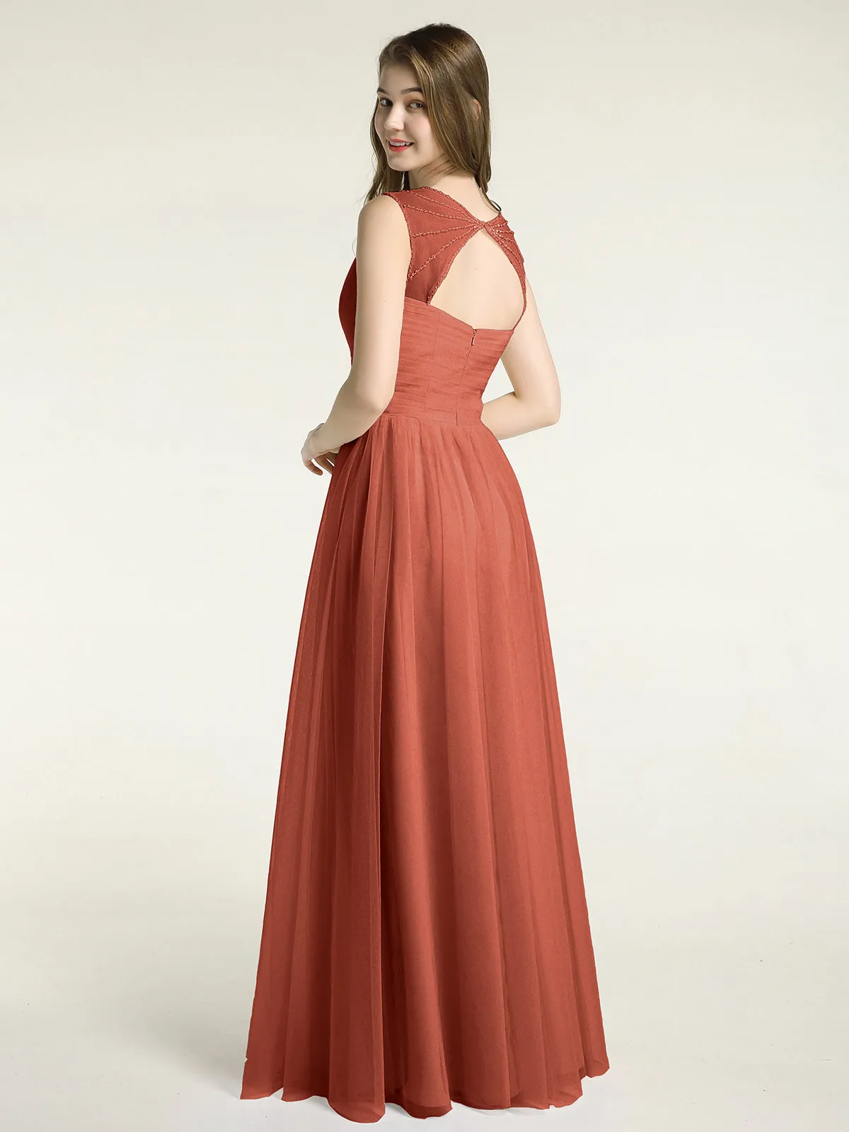 Cross-Pleated Tulle Long Dresses with Beaded Straps Rust