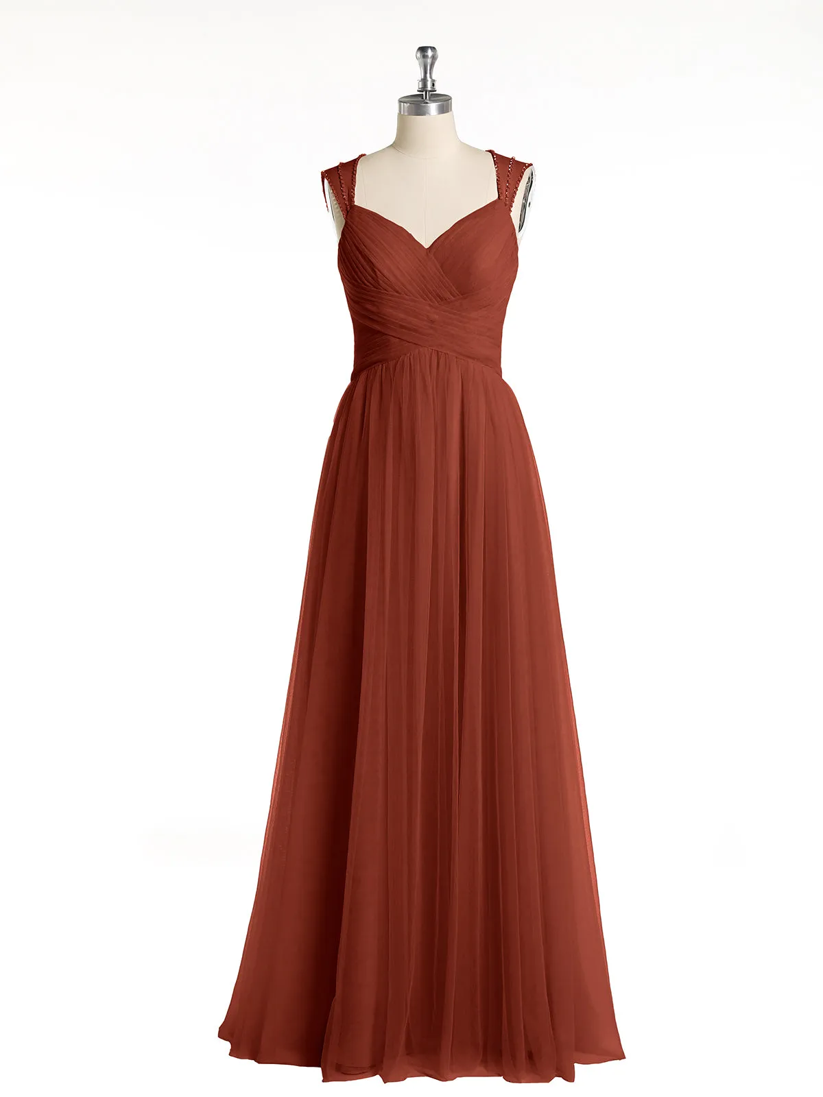 Cross-Pleated Tulle Long Dresses with Beaded Straps Rust