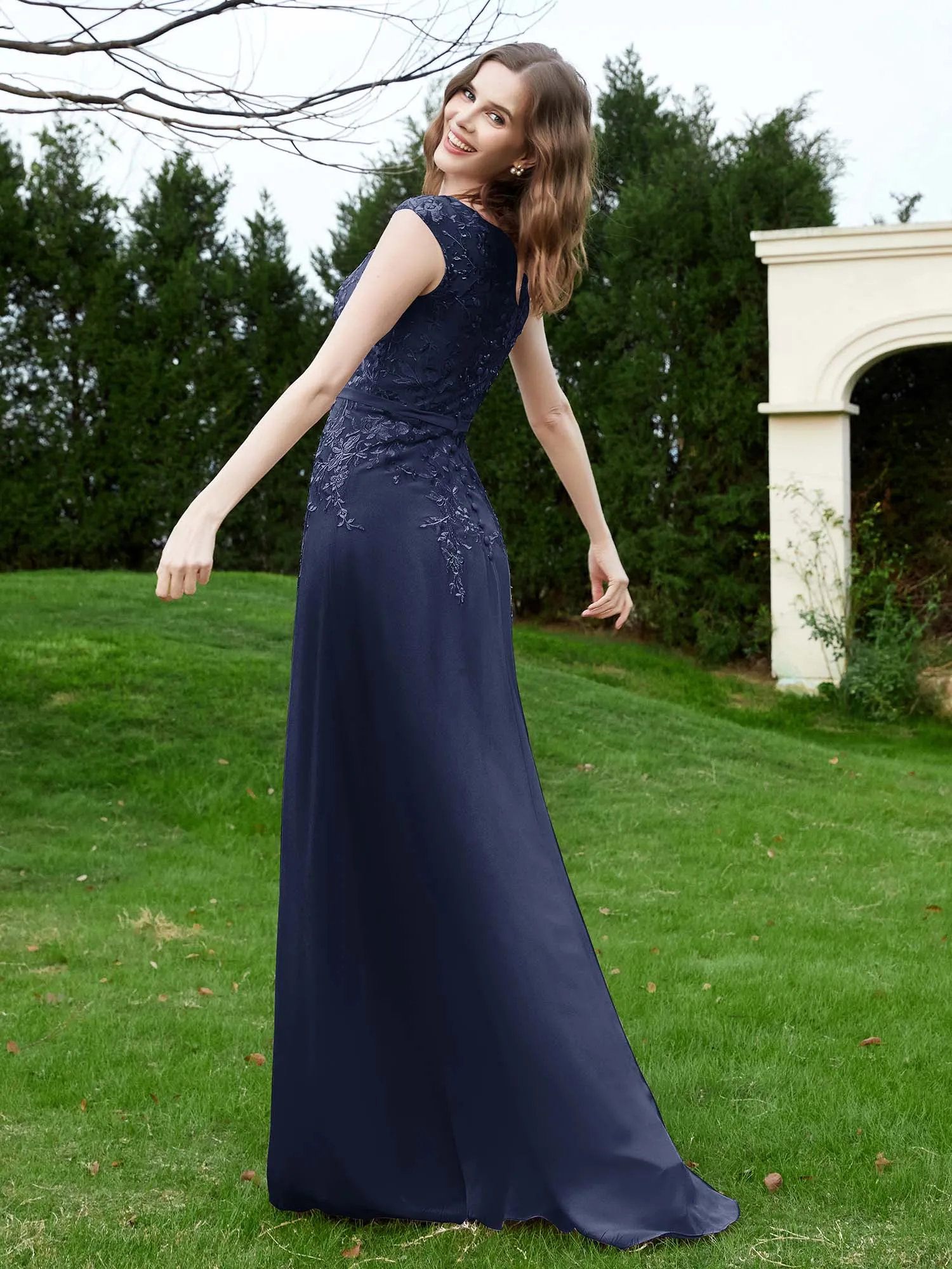 Elegant Illusion Lace Appliqued Dress With Buttons Dark Navy Plus Size