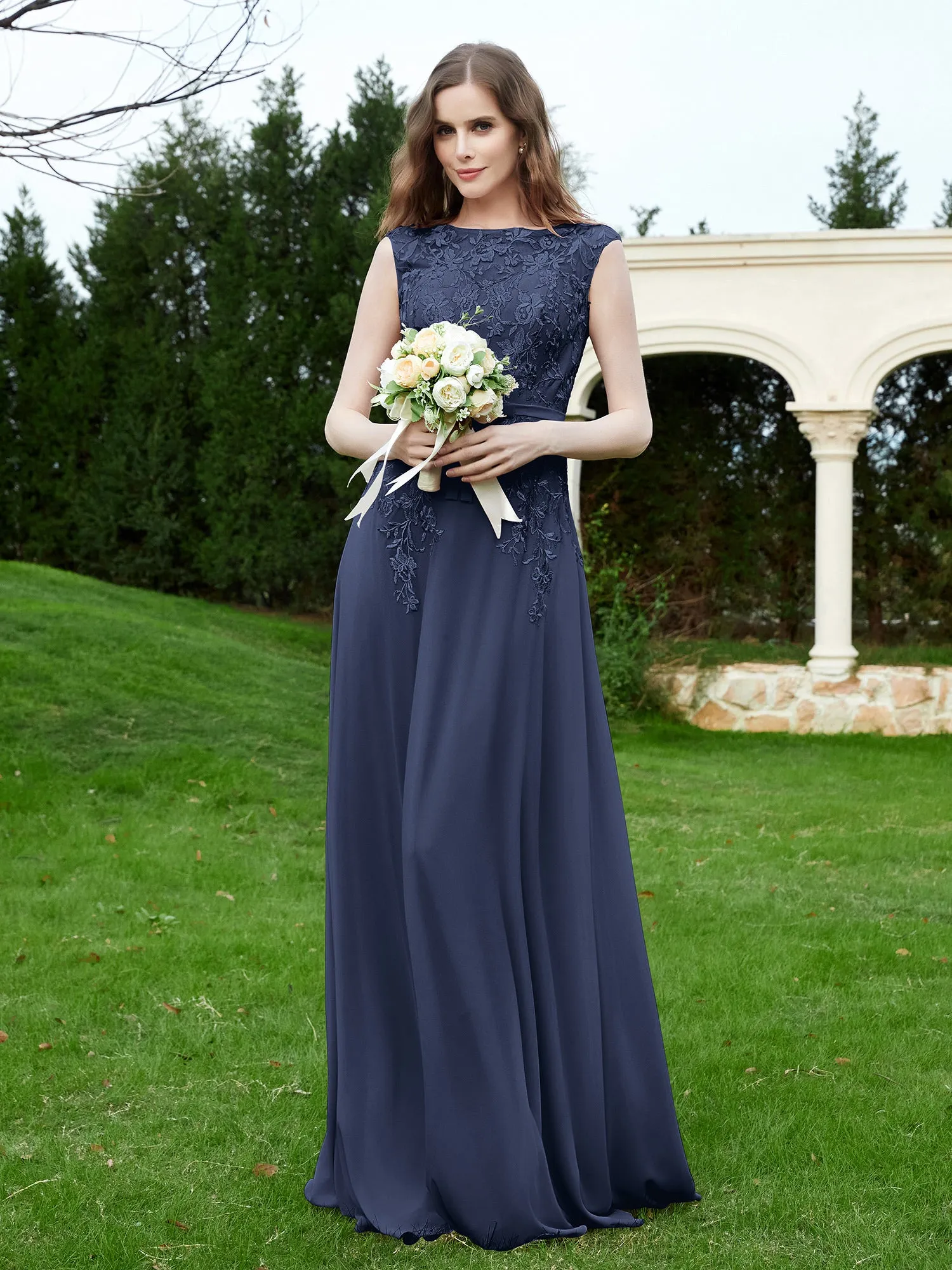 Elegant Illusion Lace Appliqued Dress With Buttons Dark Navy Plus Size