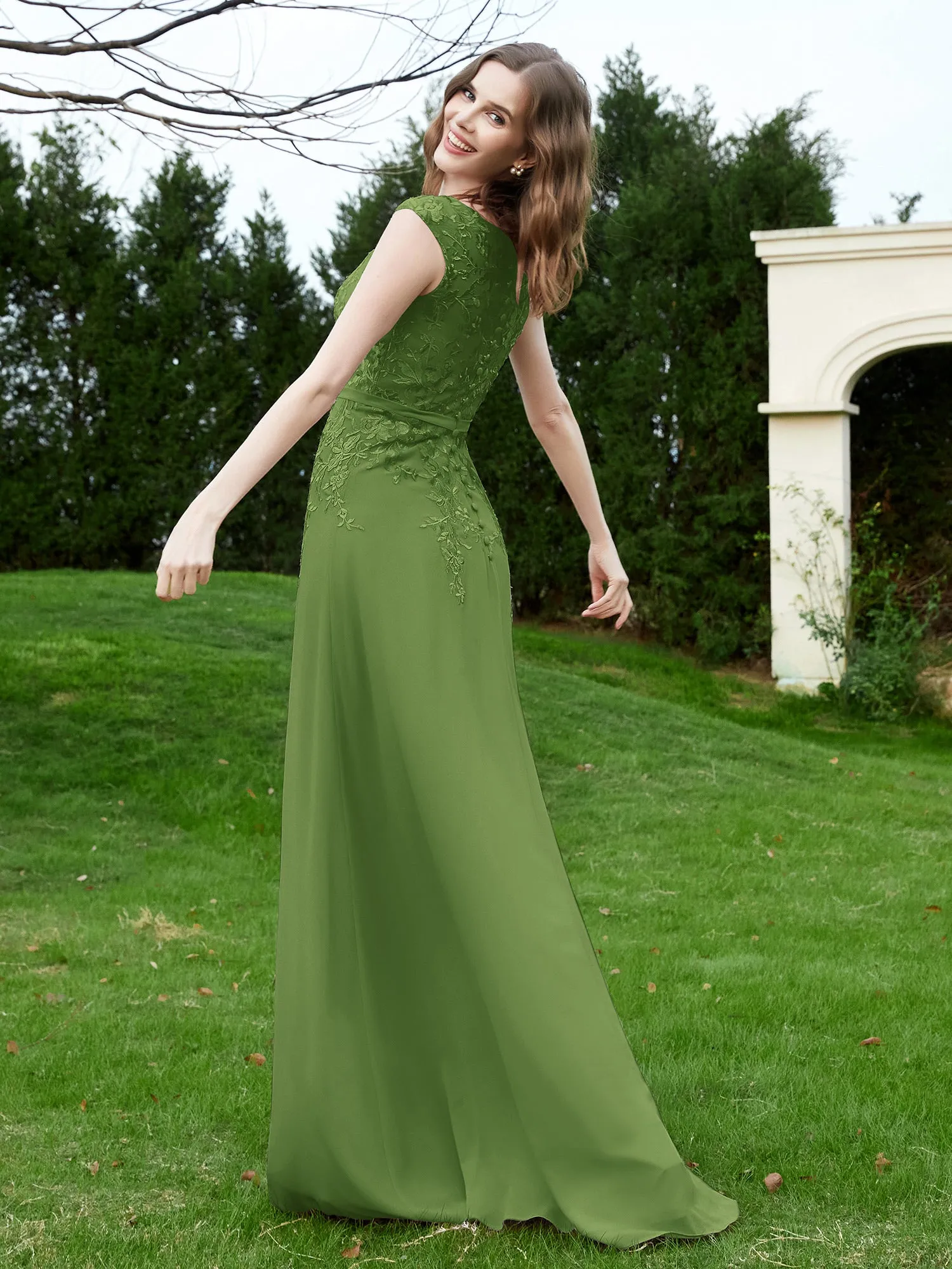 Elegant Illusion Lace Appliqued Dress With Buttons Moss Plus Size