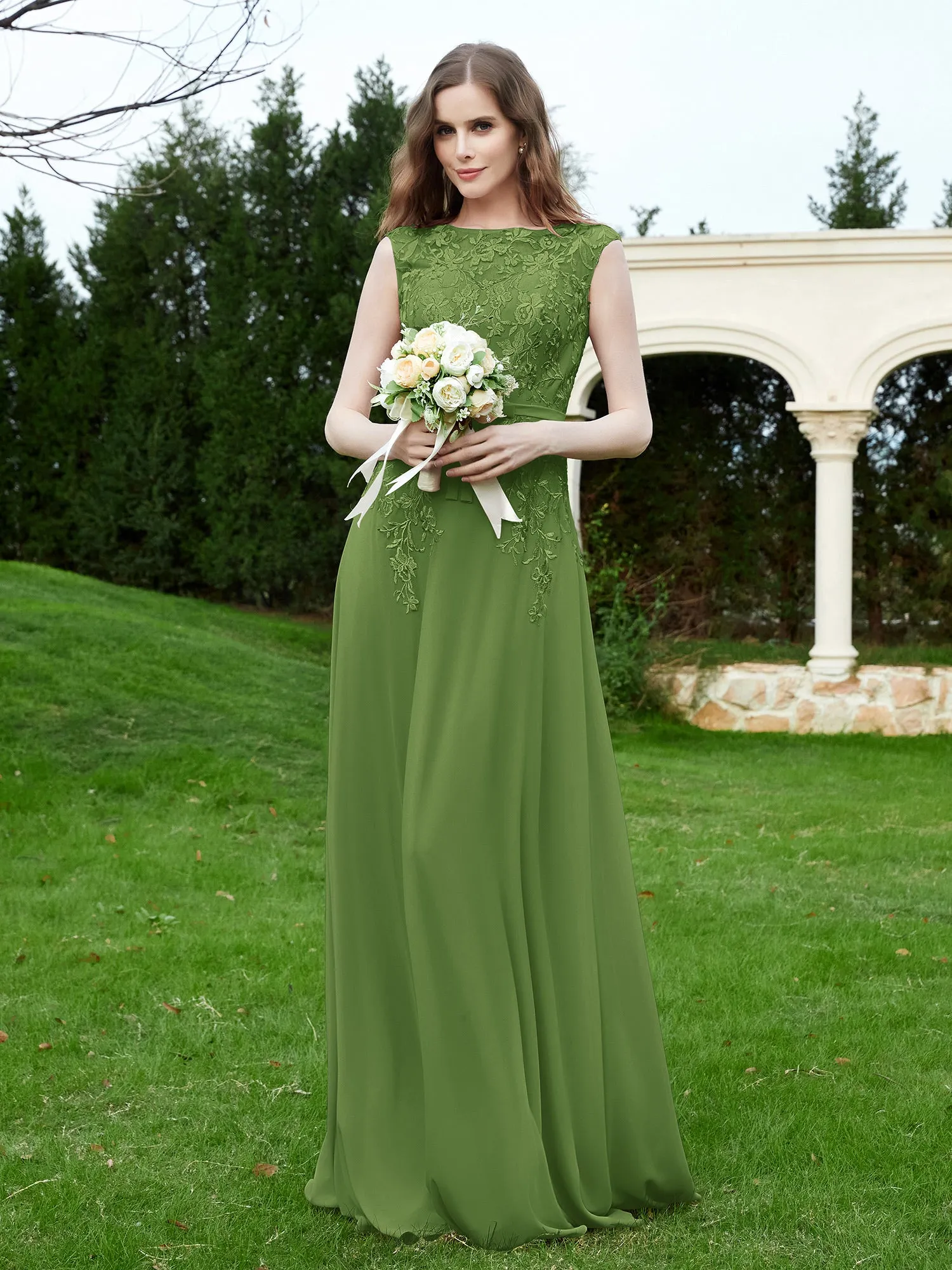 Elegant Illusion Lace Appliqued Dress With Buttons Moss Plus Size