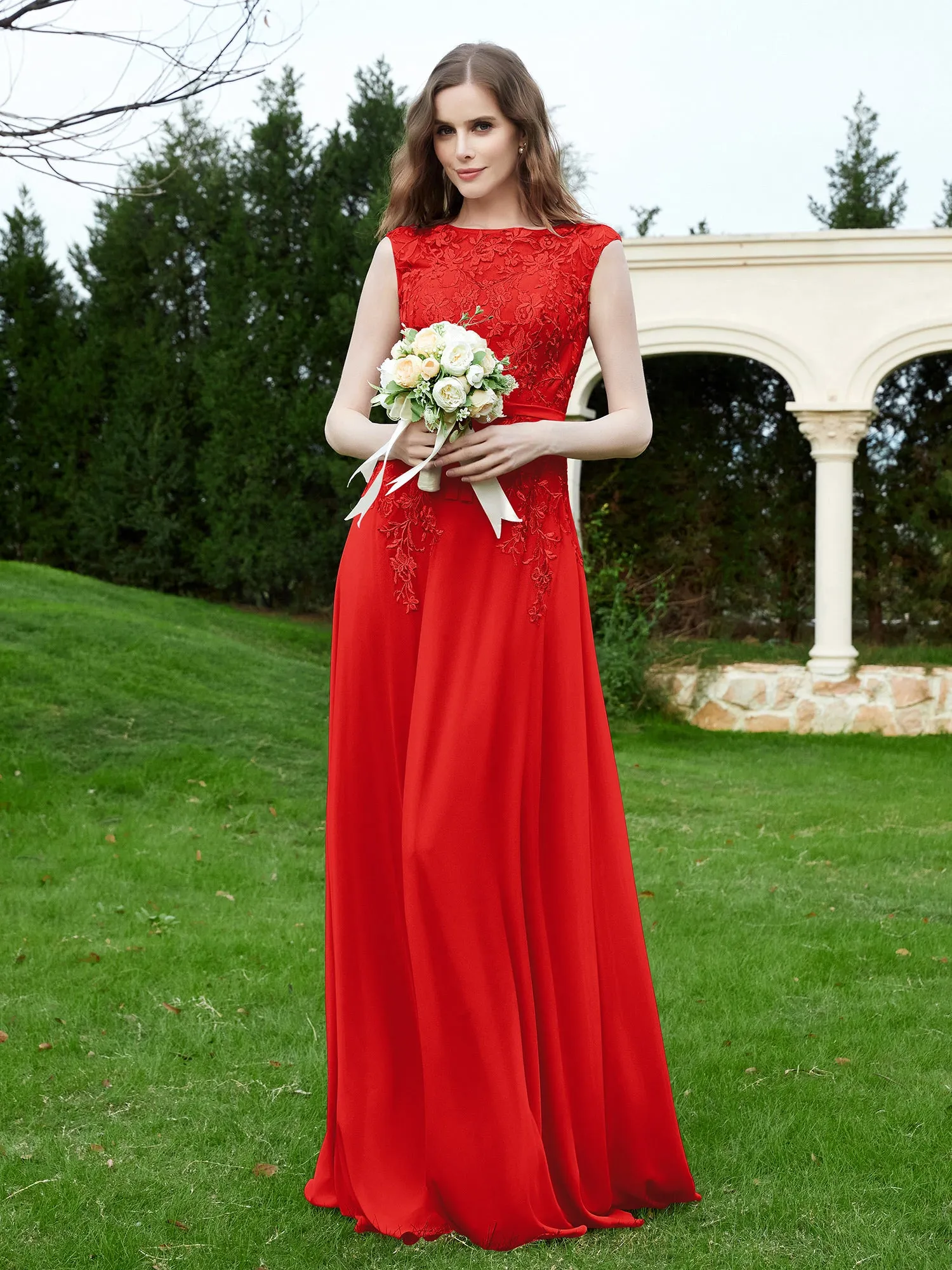 Elegant Illusion Lace Appliqued Dress With Buttons Red Plus Size