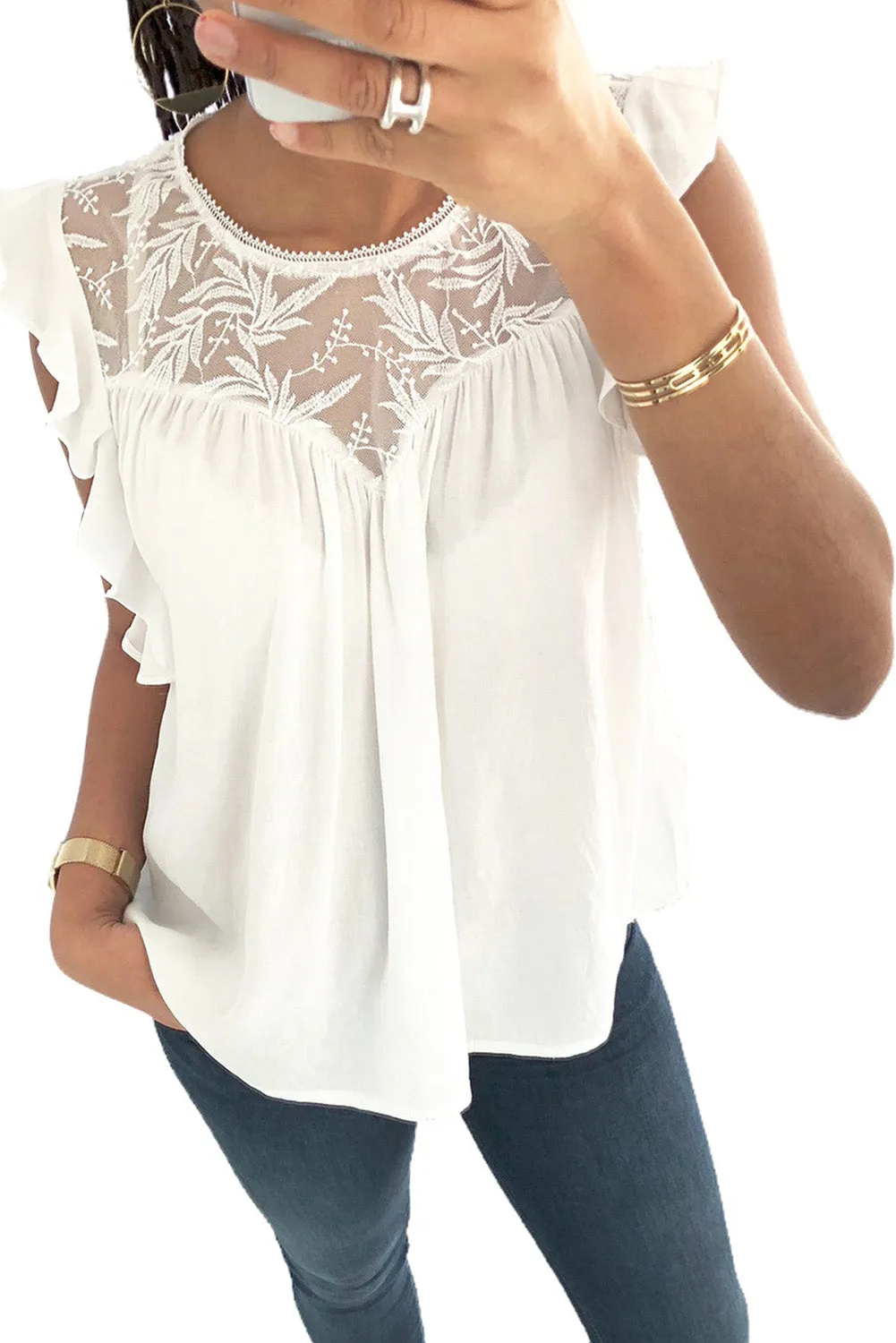 Floral Lace Yoke Pleated Flowy Top