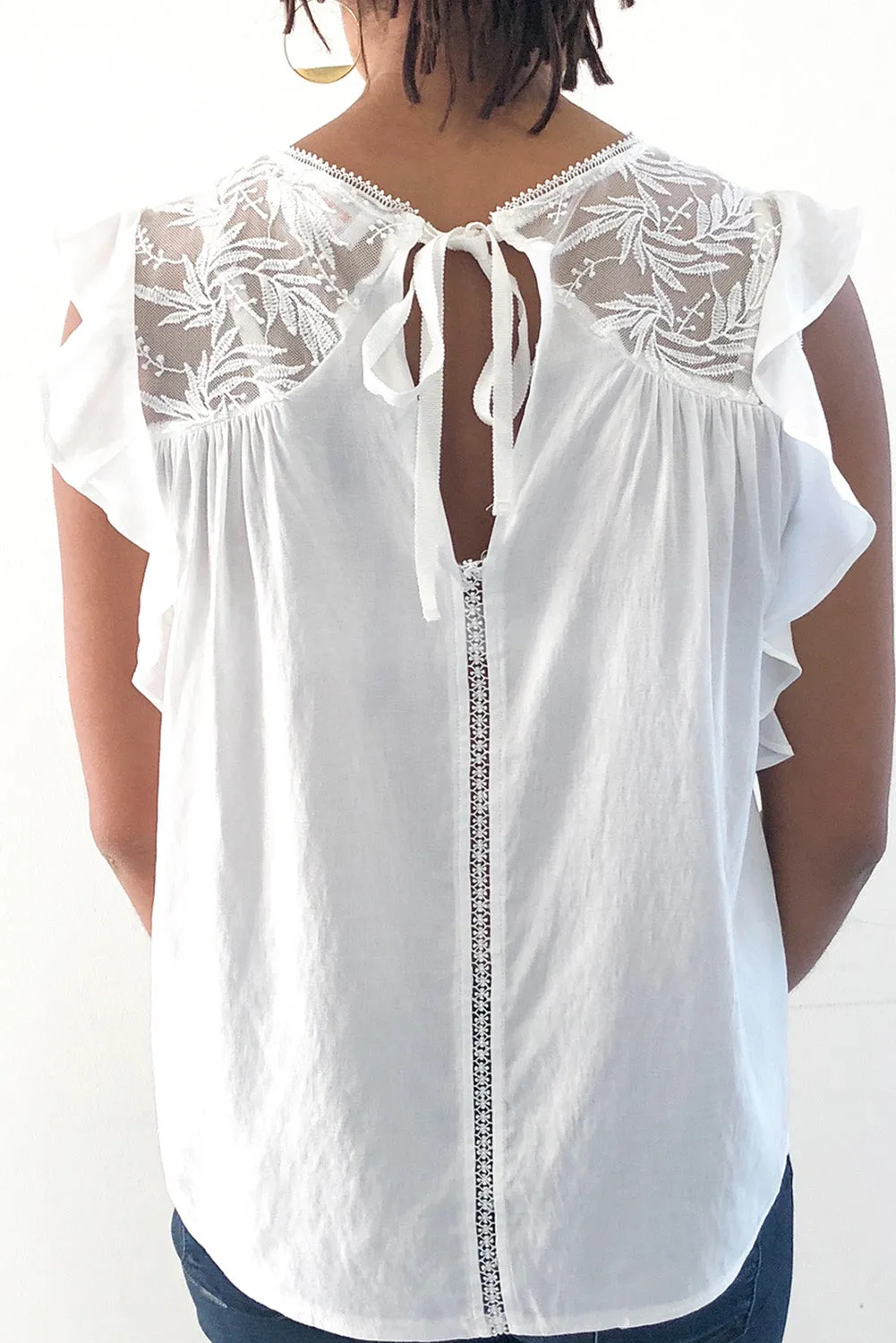 Floral Lace Yoke Pleated Flowy Top