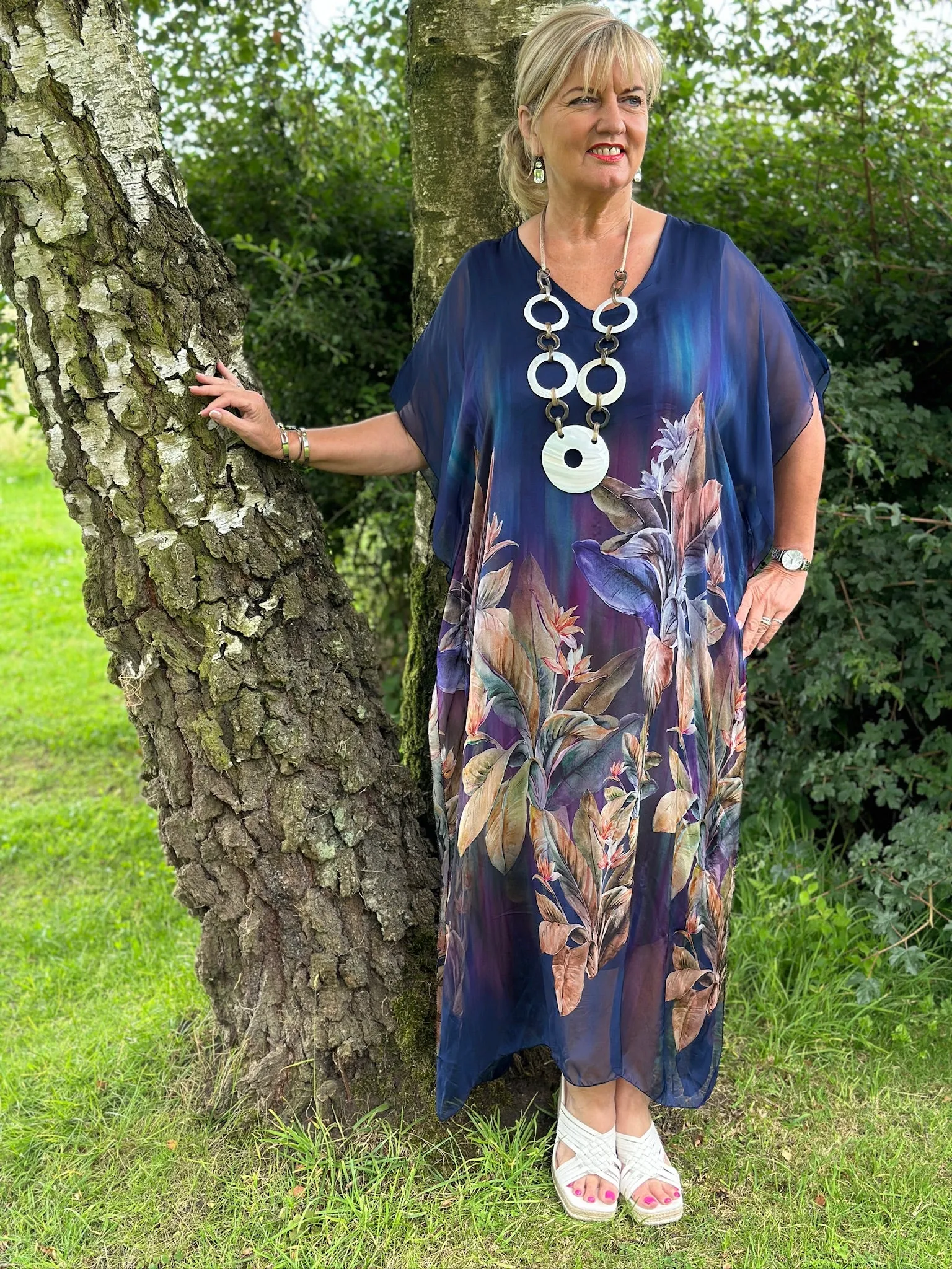 Floral Lucia Silk Dress | Navy