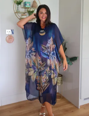 Floral Lucia Silk Dress | Navy