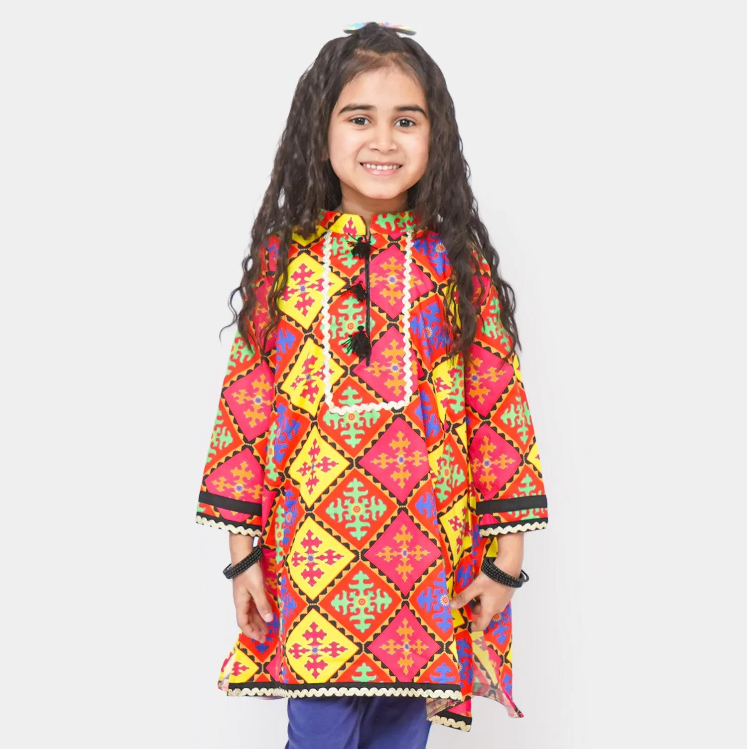 Girls Cotton Cultural Long Kurti - Multi