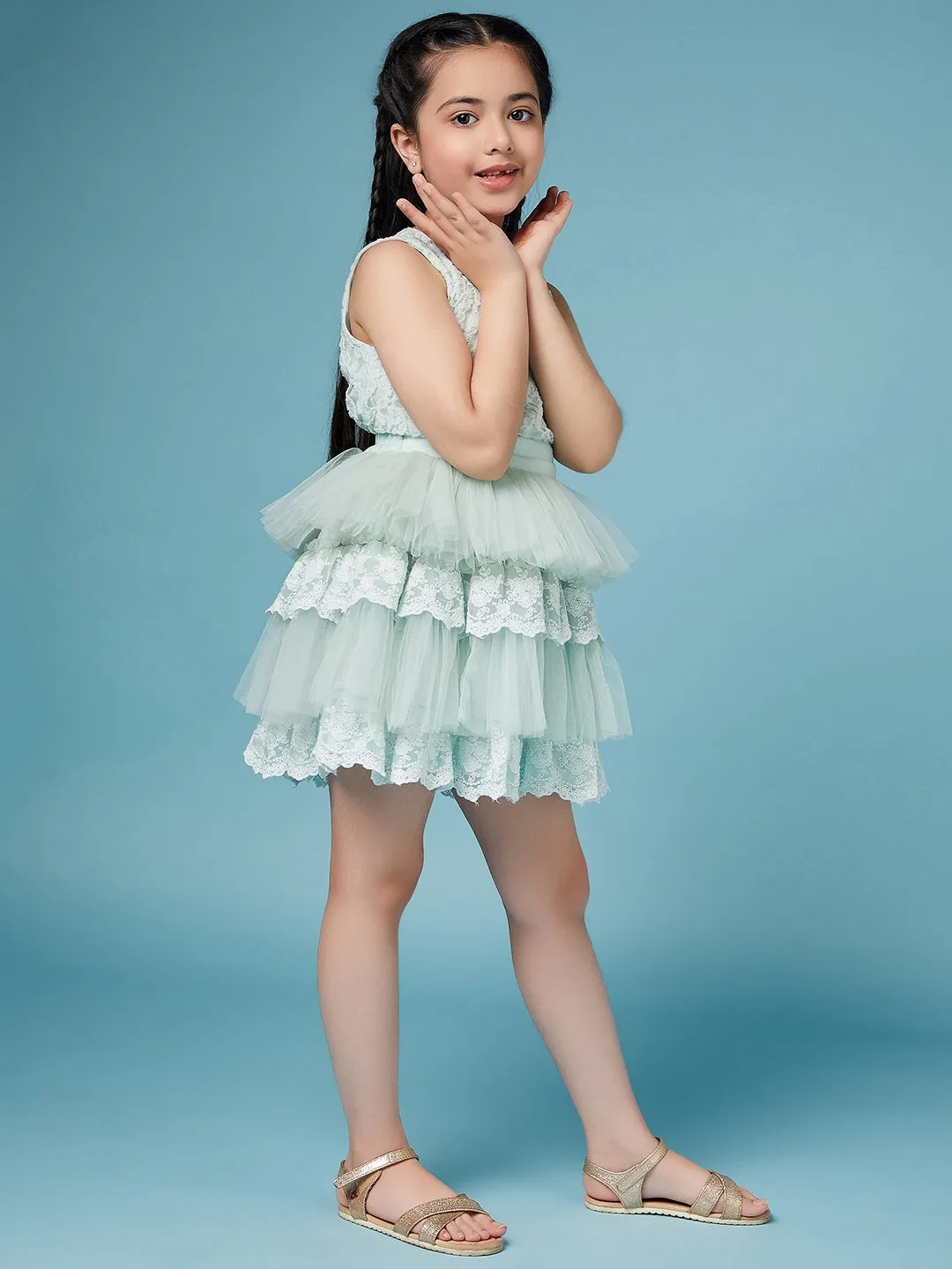 Girls Self Design Sleeveless Top With Skirt