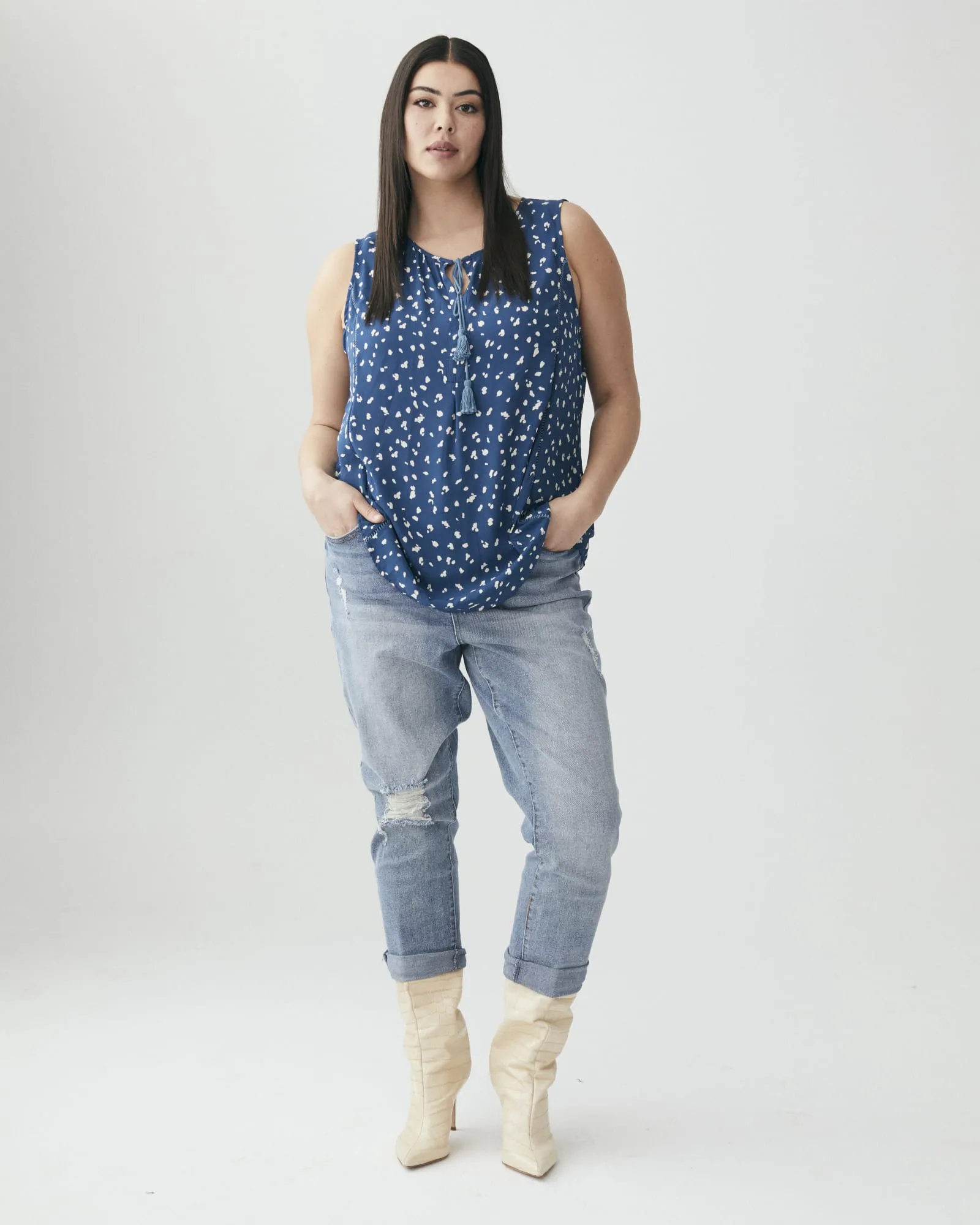 Gwenda Boho Floral Print Sleeveless Top | Navy / Ivory
