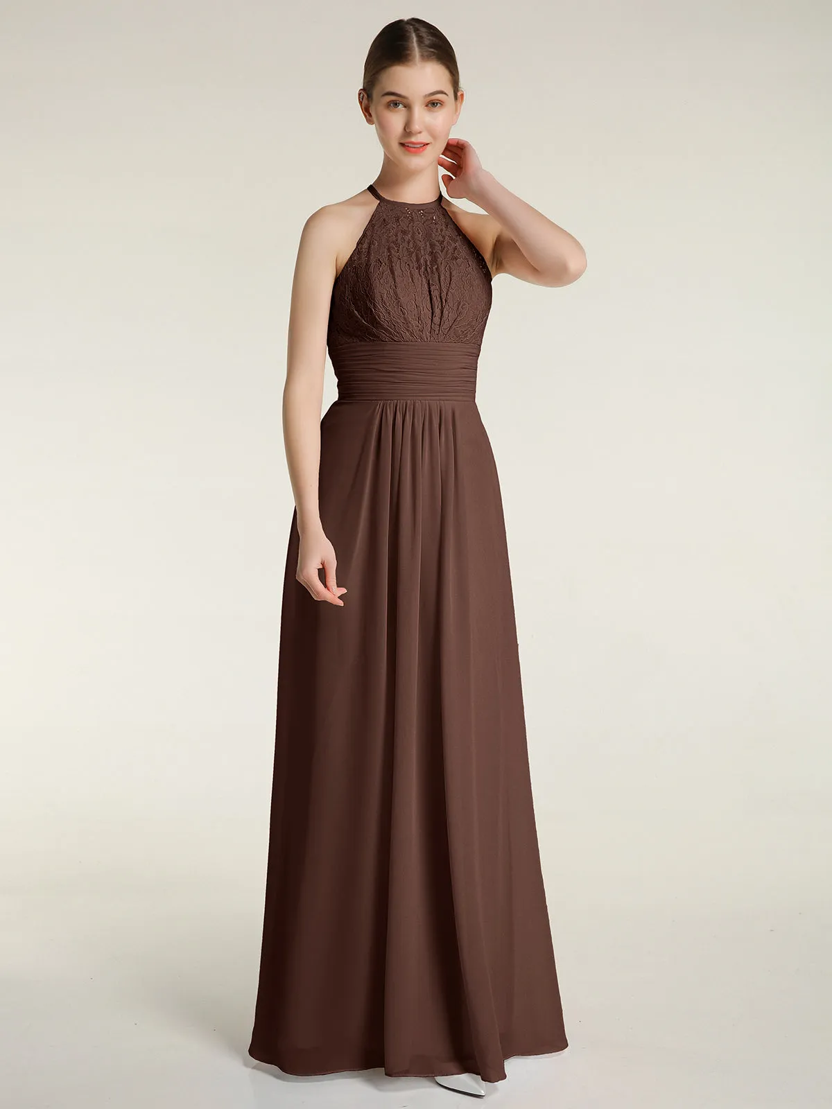 Halter Chiffon And Lace Long Dresses Chocolate