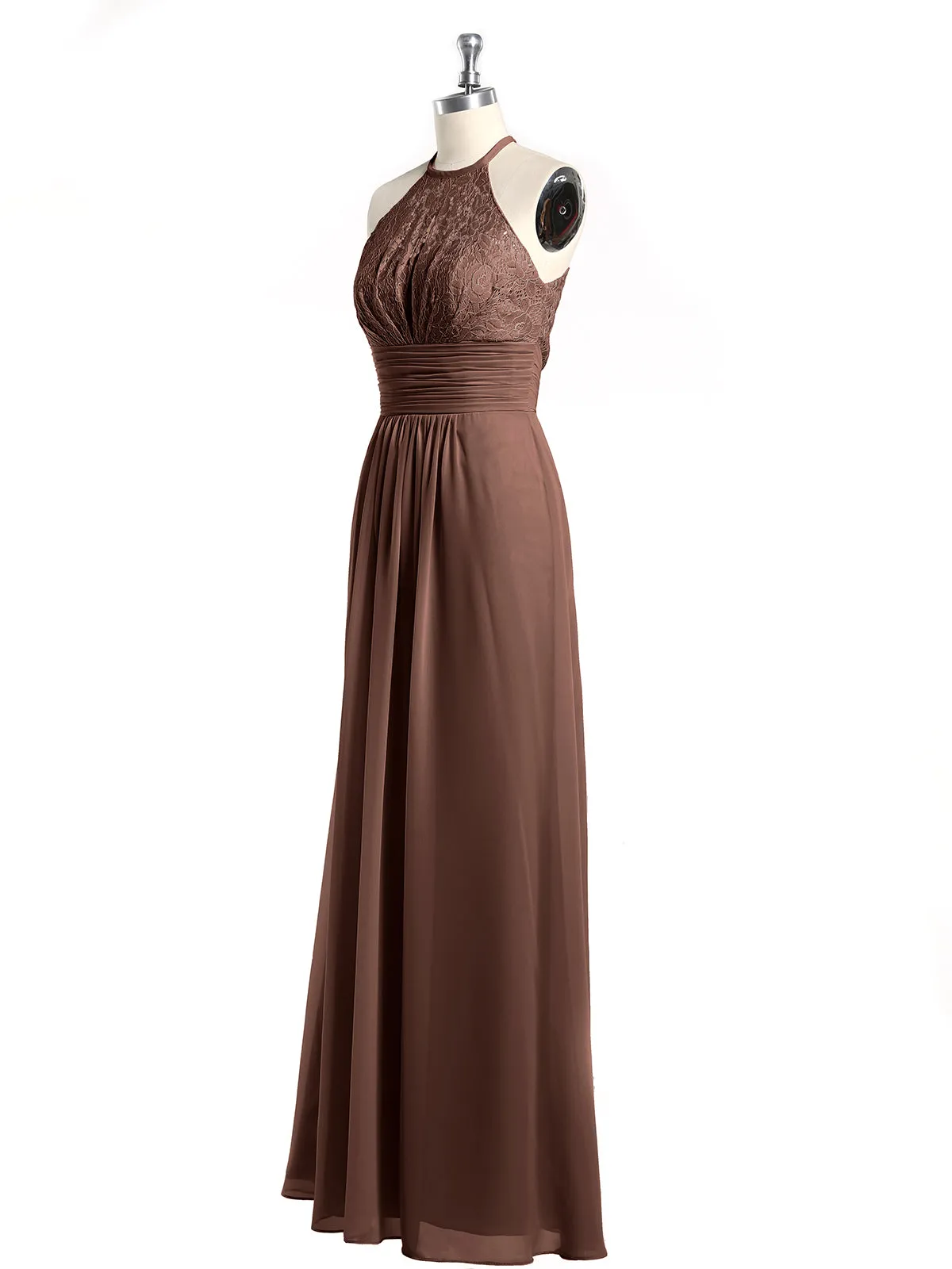 Halter Chiffon And Lace Long Dresses Chocolate
