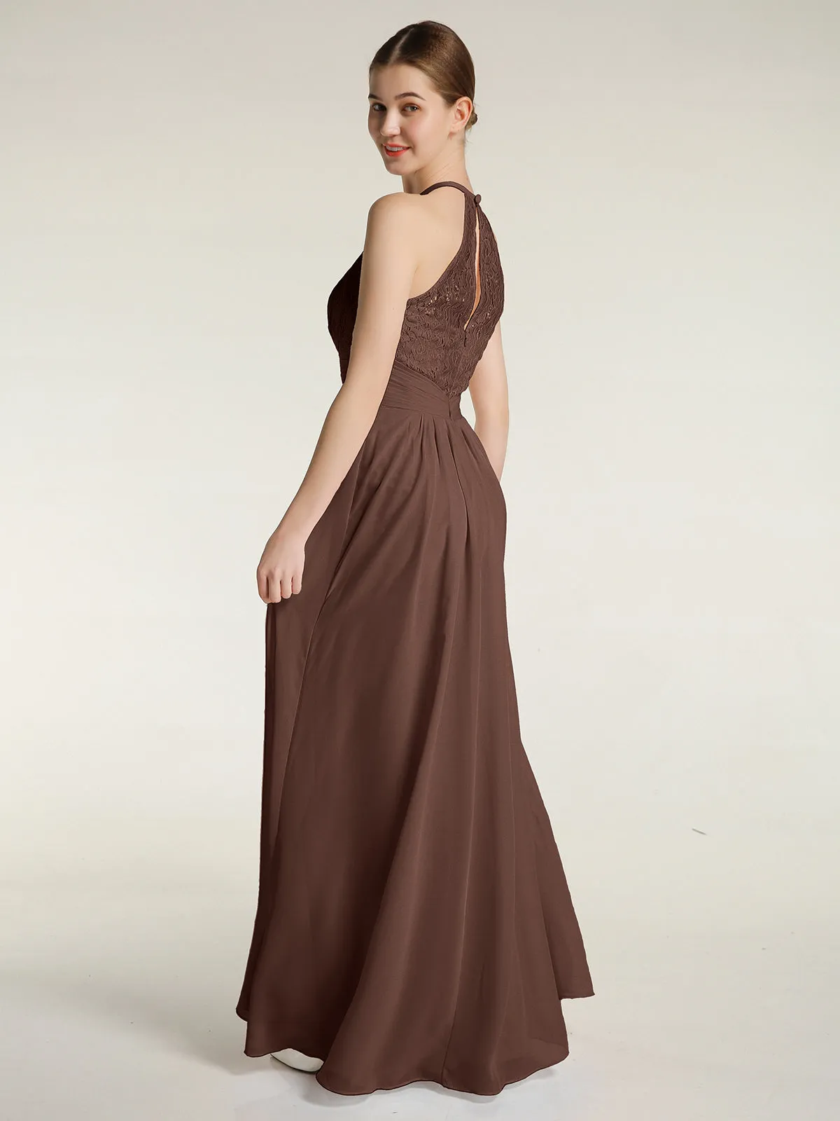 Halter Chiffon And Lace Long Dresses Chocolate