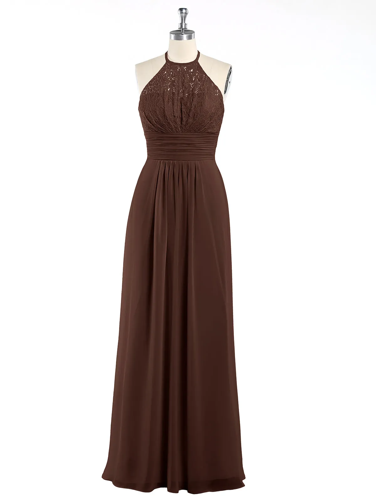 Halter Chiffon And Lace Long Dresses Chocolate
