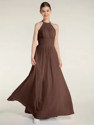 Halter Chiffon And Lace Long Dresses Chocolate