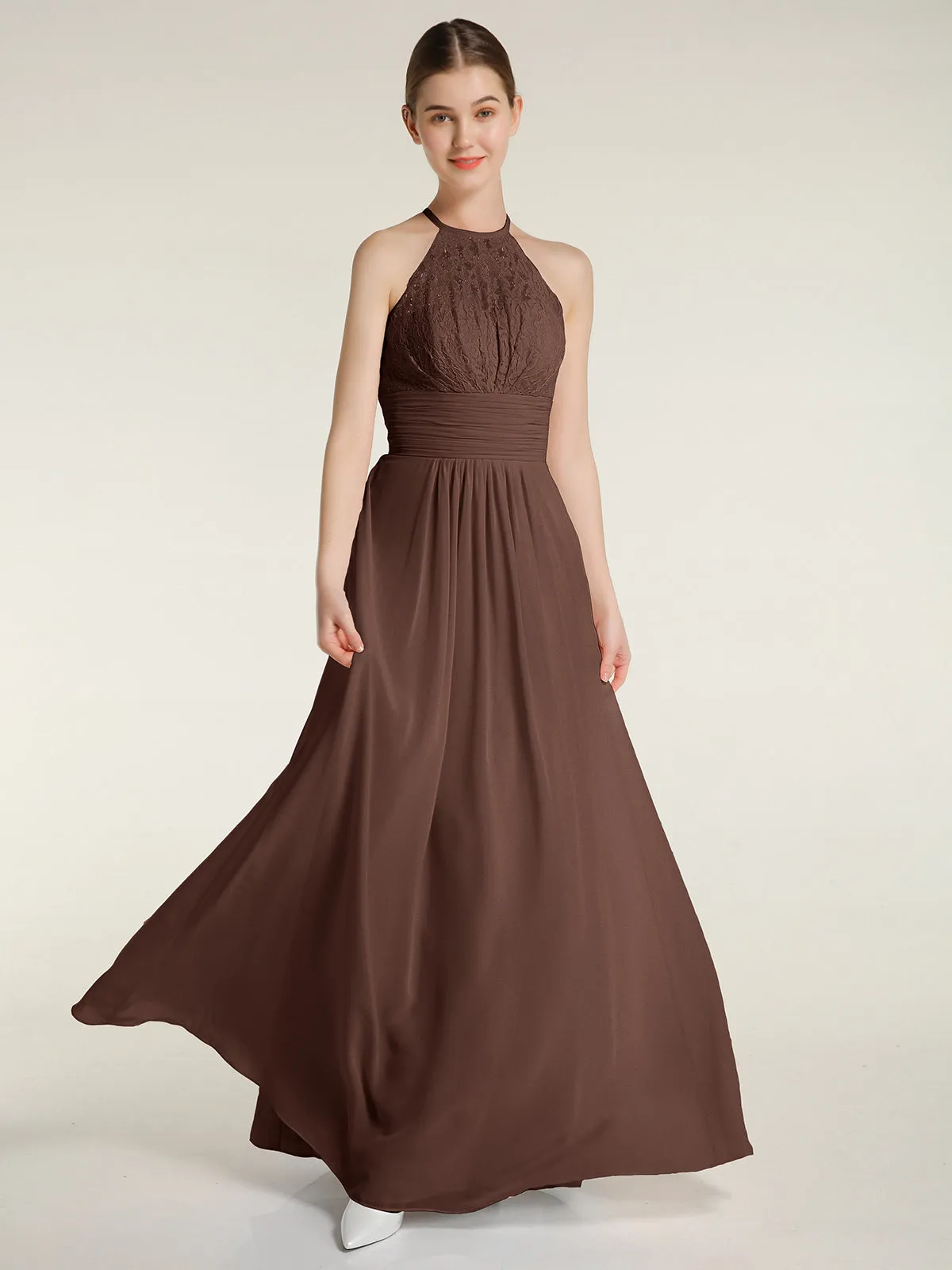 Halter Chiffon And Lace Long Dresses Chocolate