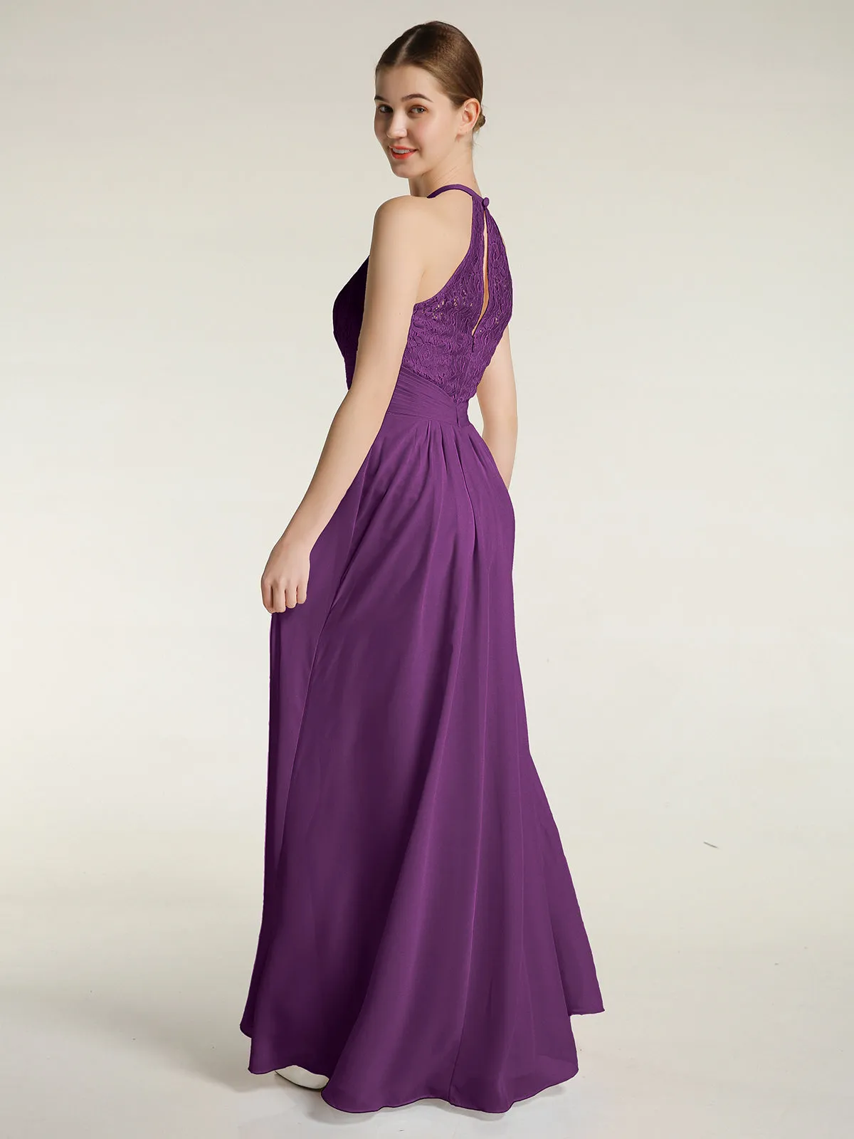 Halter Chiffon And Lace Long Dresses Grape Plus Size