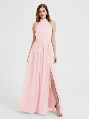 High Neck Chiffon Dresses with Slit and Sash Bow-Blushing Pink