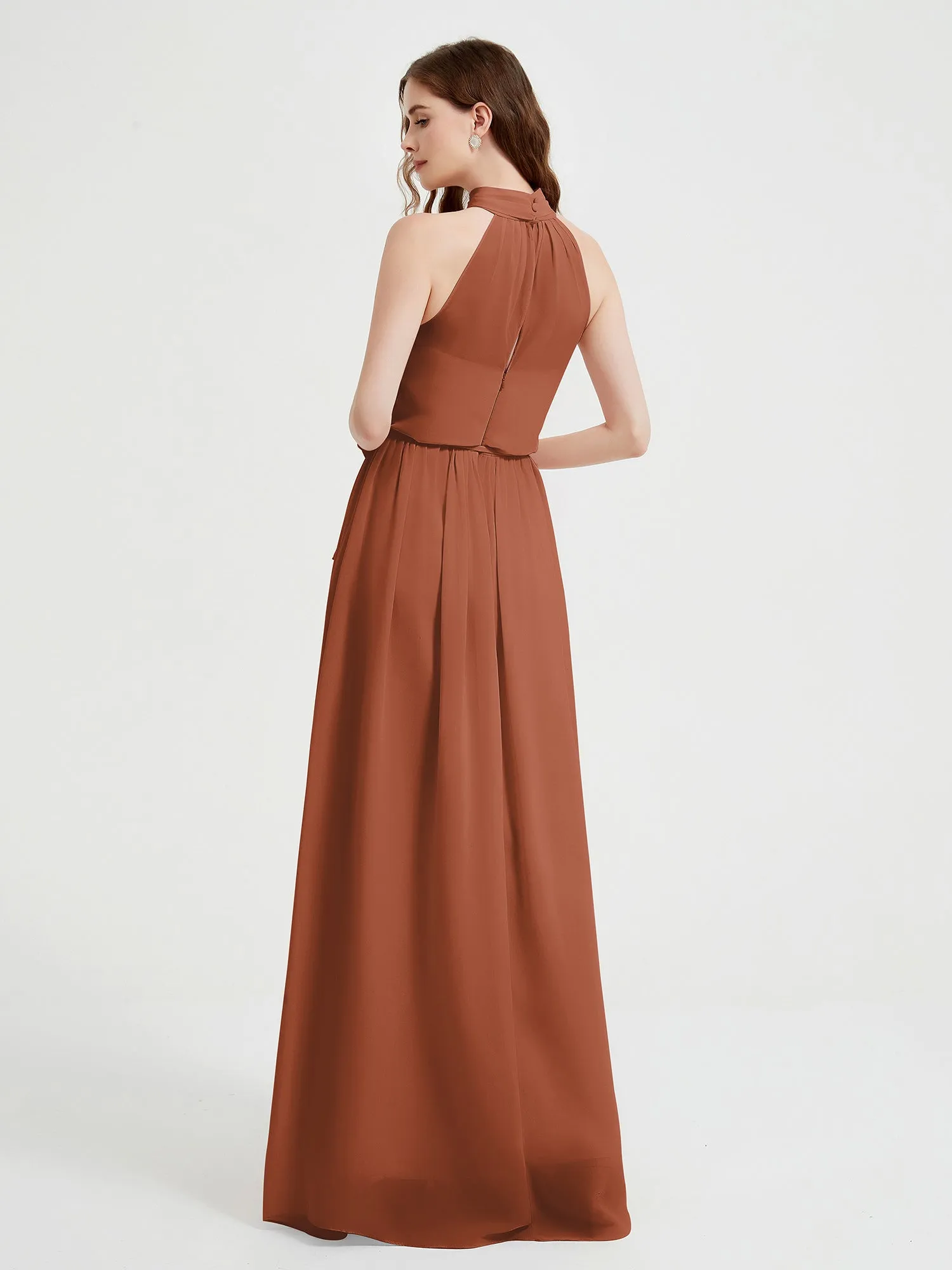 High Neck Chiffon Dresses with Slit and Sash Bow-Rust Plus Size