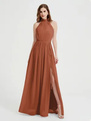 High Neck Chiffon Dresses with Slit and Sash Bow-Rust Plus Size
