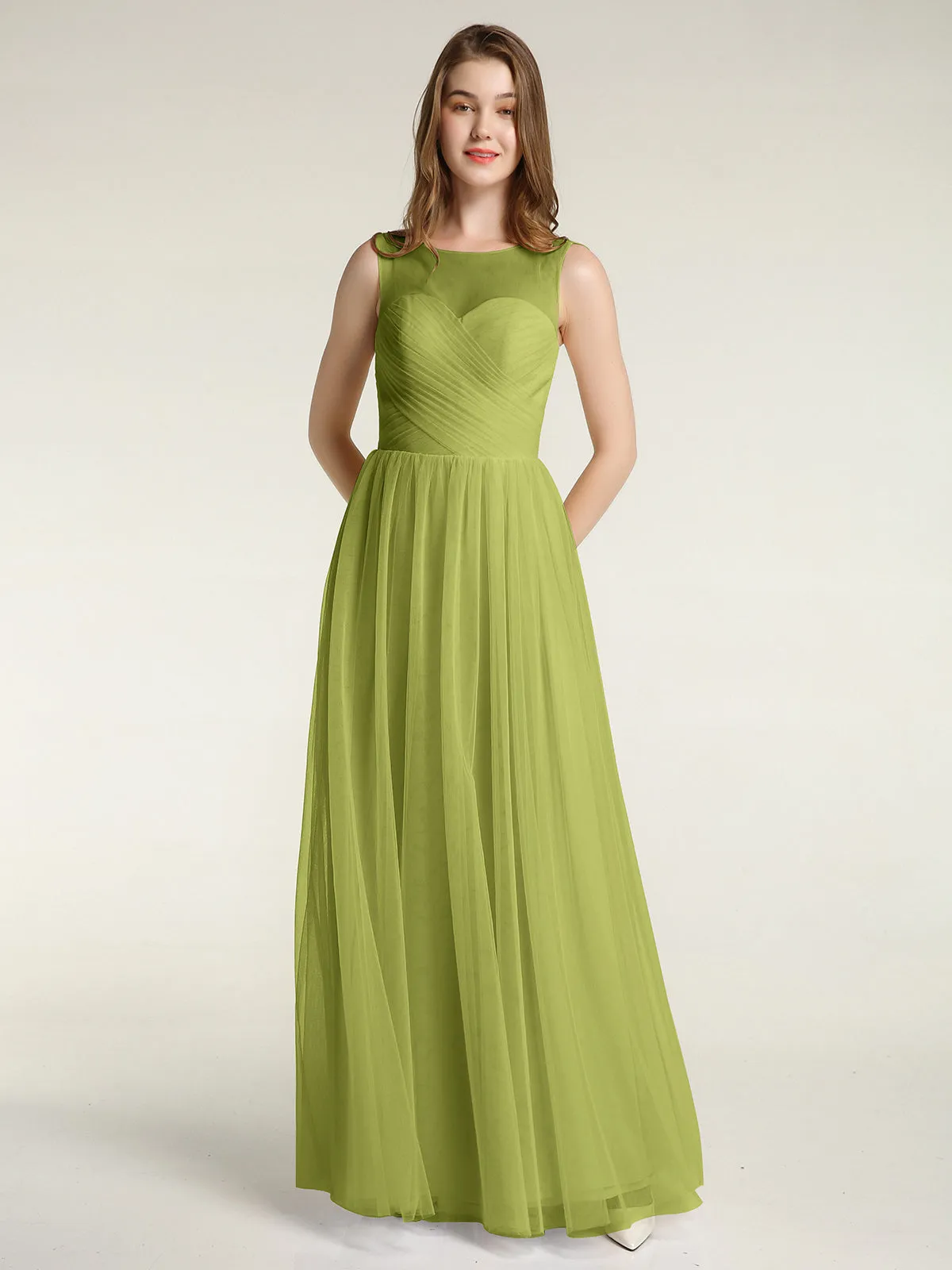 Illusion Neck Cross Tulle Bridesmaid Dresses-Clover Plus Size