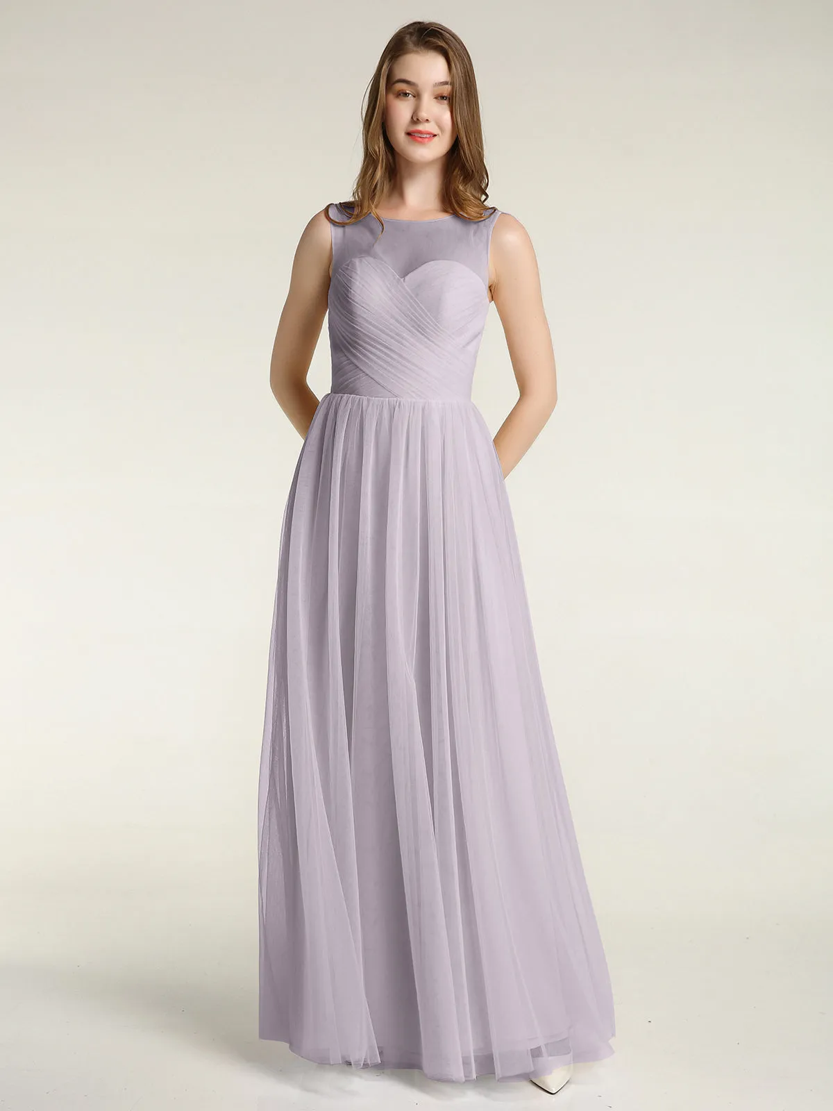 Illusion Neck Cross Tulle Bridesmaid Dresses-Dusk Plus Size