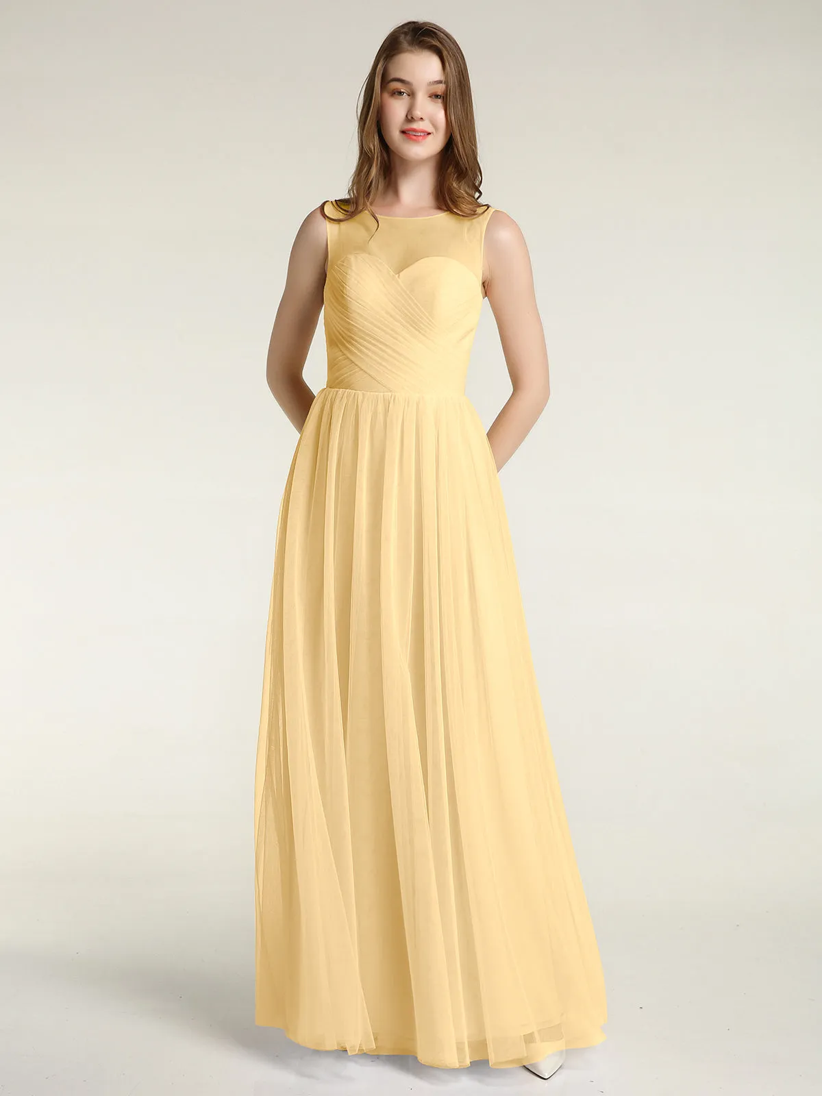 Illusion Neck Cross Tulle Bridesmaid Dresses-Gold