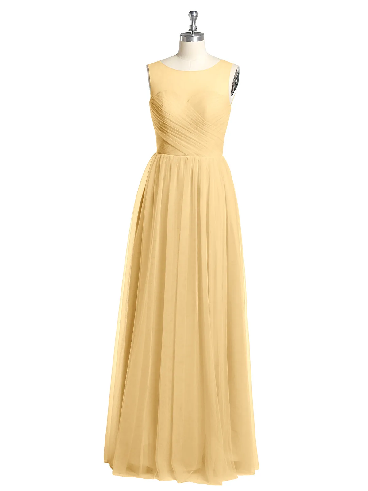Illusion Neck Cross Tulle Bridesmaid Dresses-Gold