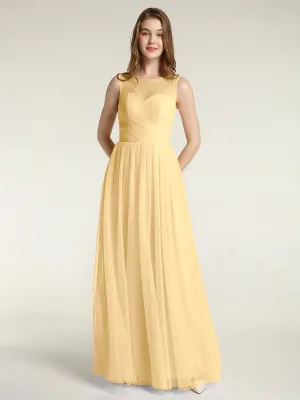 Illusion Neck Cross Tulle Bridesmaid Dresses-Gold
