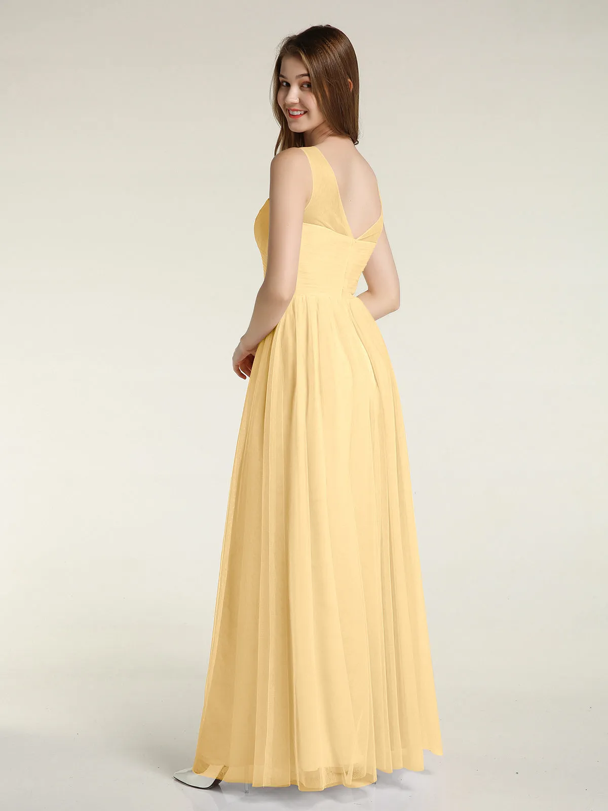 Illusion Neck Cross Tulle Bridesmaid Dresses-Gold