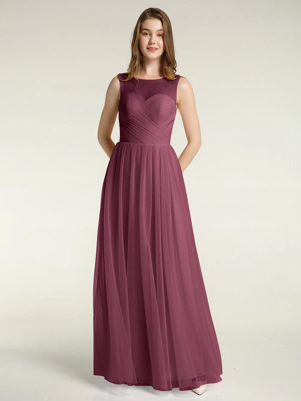 Illusion Neck Cross Tulle Bridesmaid Dresses-Mulberry