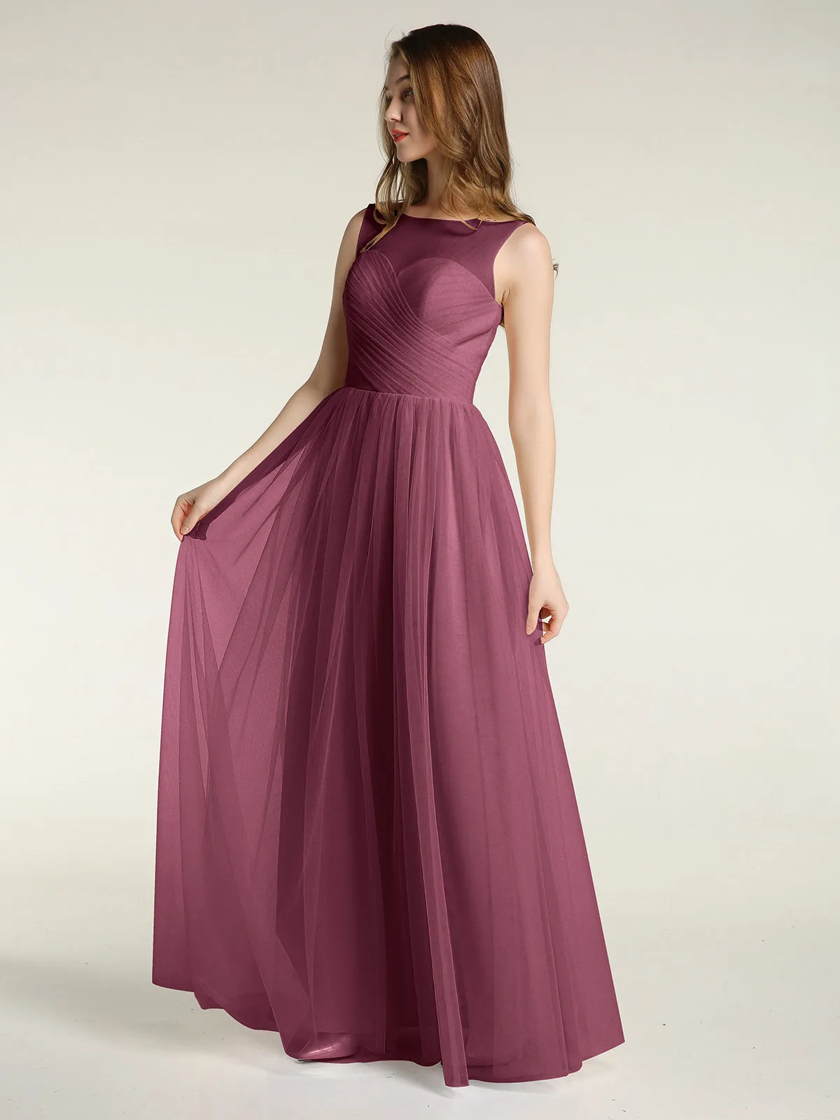 Illusion Neck Cross Tulle Bridesmaid Dresses-Mulberry