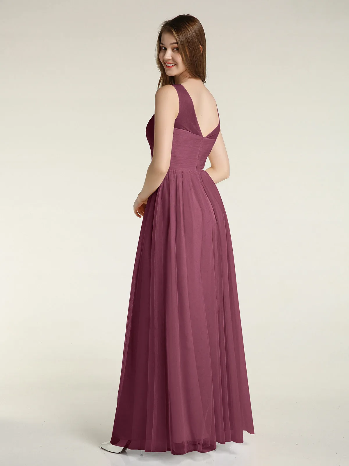 Illusion Neck Cross Tulle Bridesmaid Dresses-Mulberry