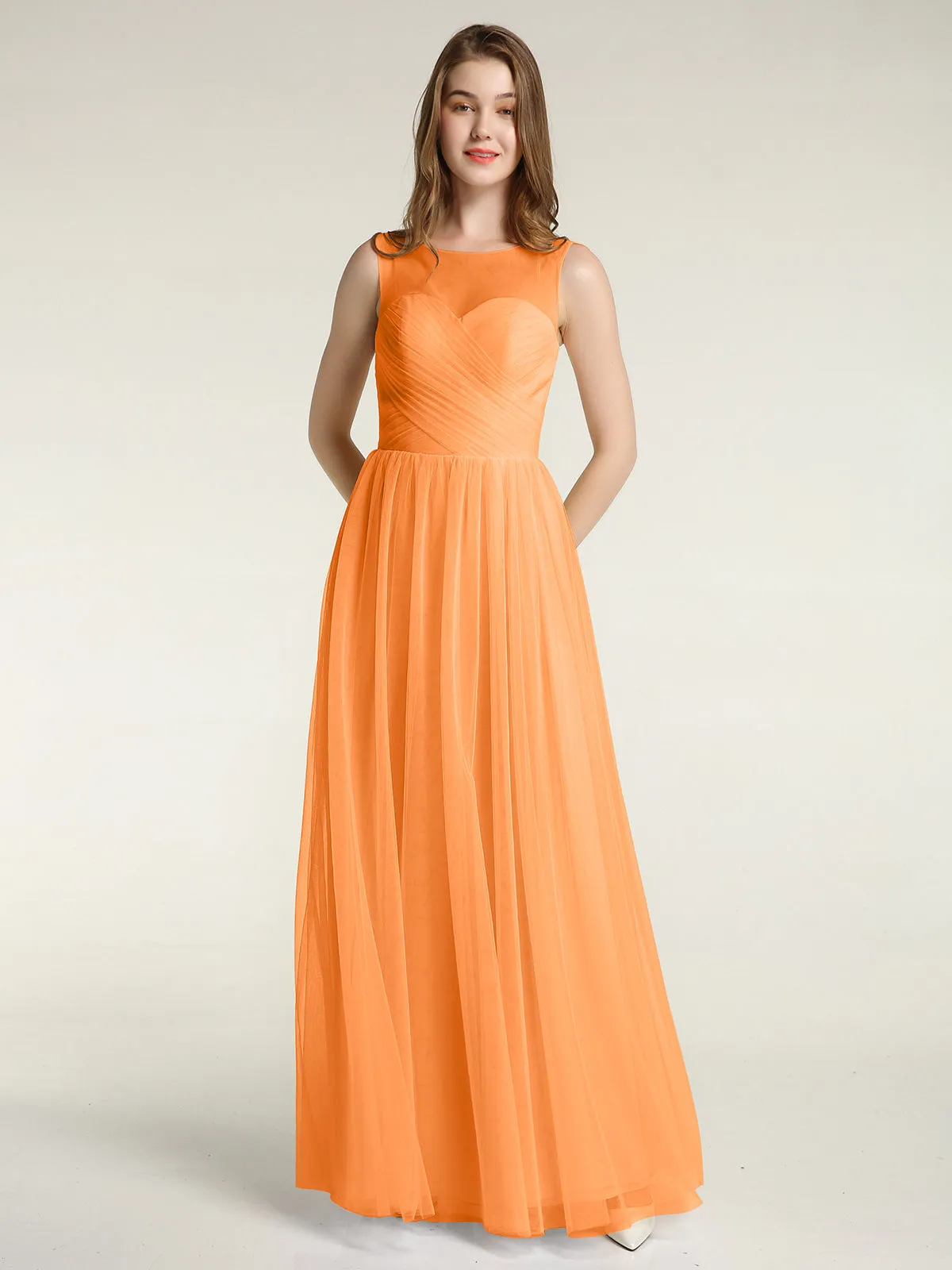 Illusion Neck Cross Tulle Bridesmaid Dresses-Orange