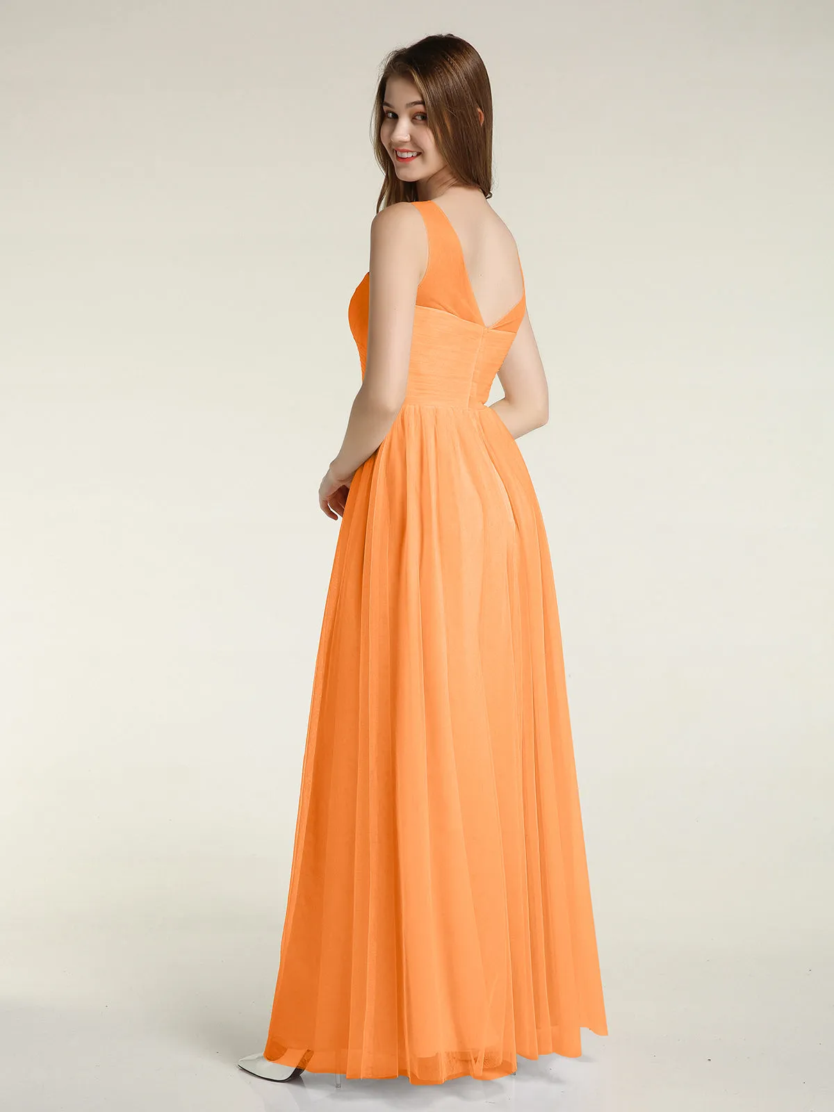 Illusion Neck Cross Tulle Bridesmaid Dresses-Orange