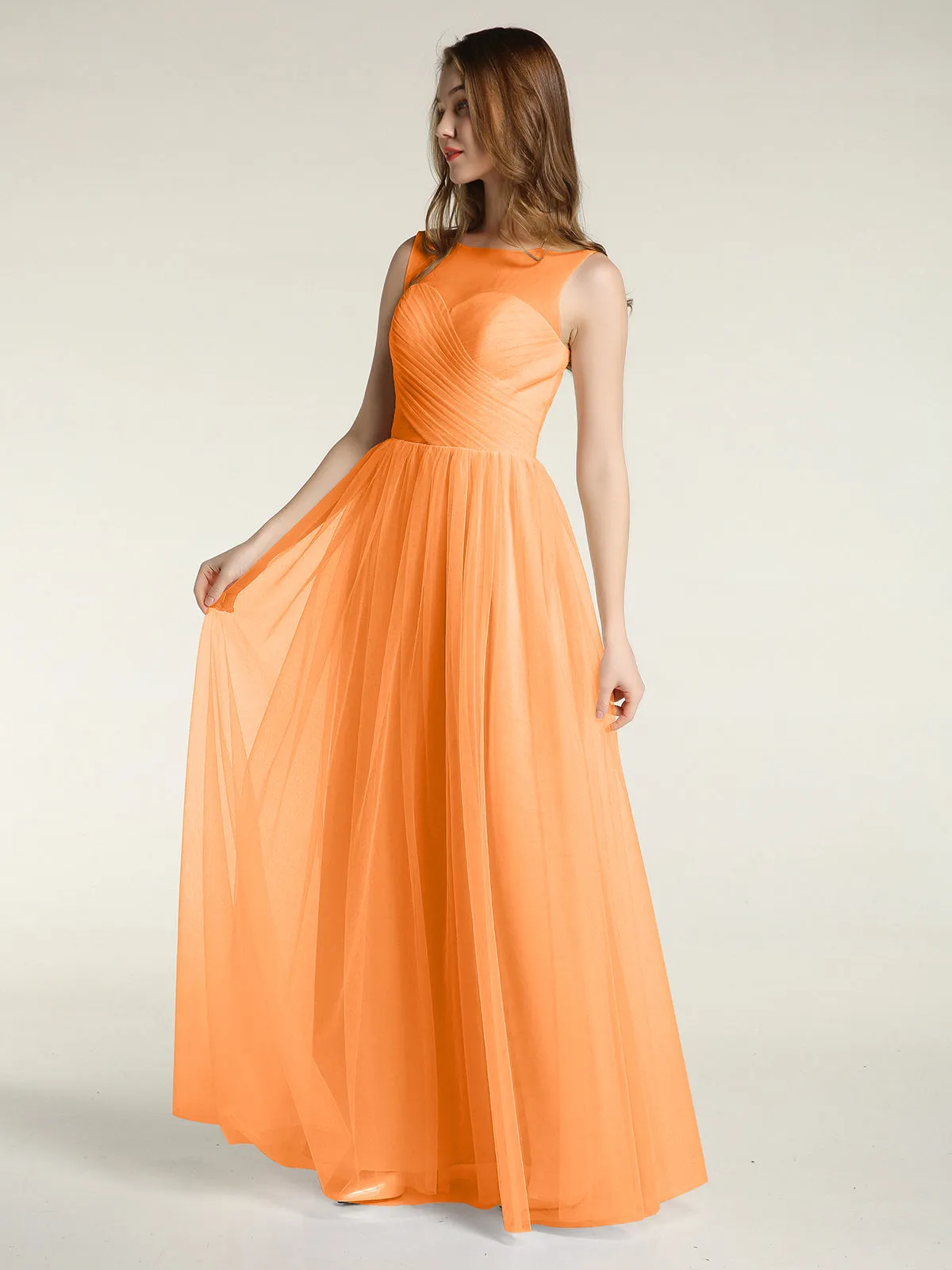 Illusion Neck Cross Tulle Bridesmaid Dresses-Orange