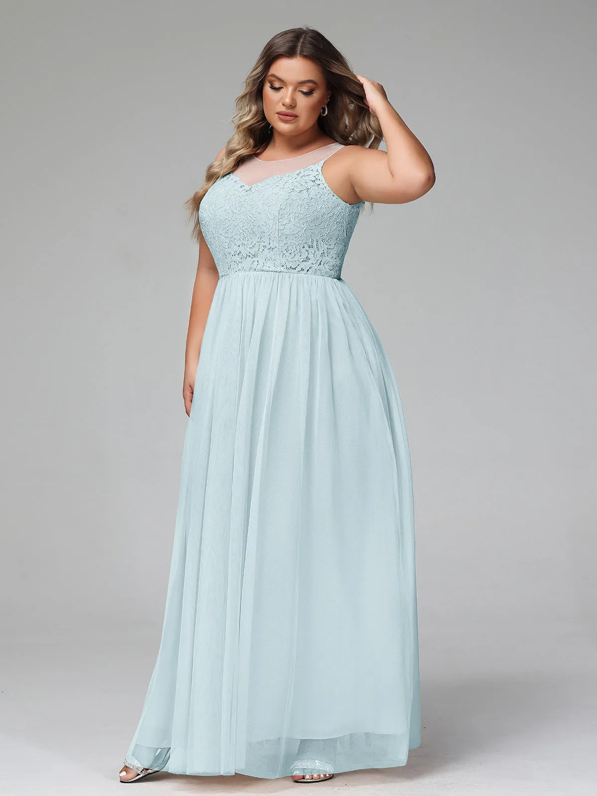 Illusion Neckline Lace and Tulle Maxi Dress-Mist Plus Size