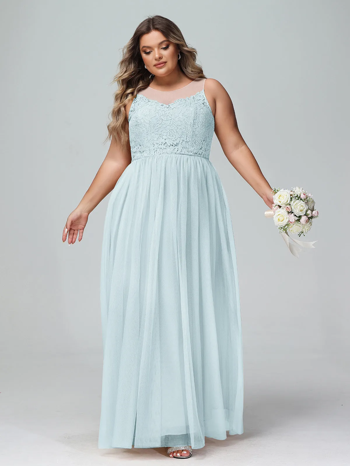 Illusion Neckline Lace and Tulle Maxi Dress-Mist Plus Size