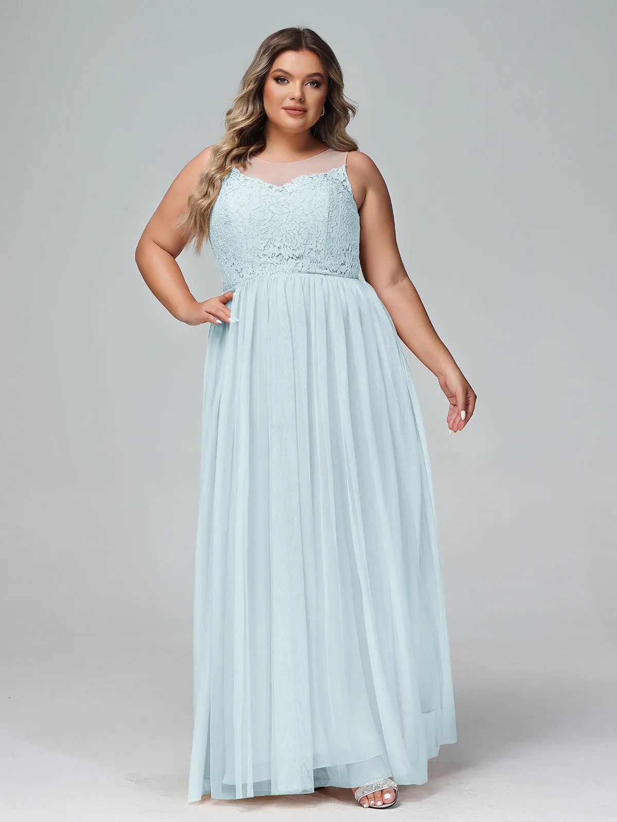 Illusion Neckline Lace and Tulle Maxi Dress-Mist Plus Size