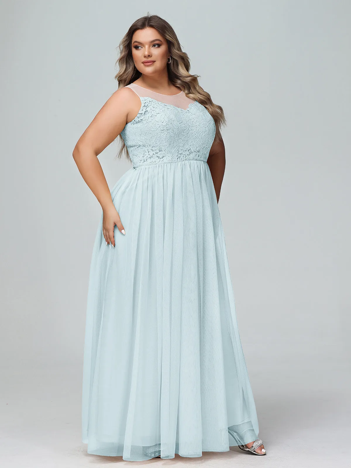 Illusion Neckline Lace and Tulle Maxi Dress-Mist Plus Size