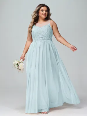 Illusion Neckline Lace and Tulle Maxi Dress-Mist Plus Size