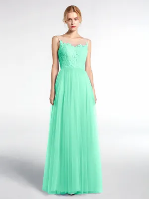 Illusion Neckline Lace and Tulle Maxi Dress-Turquoise