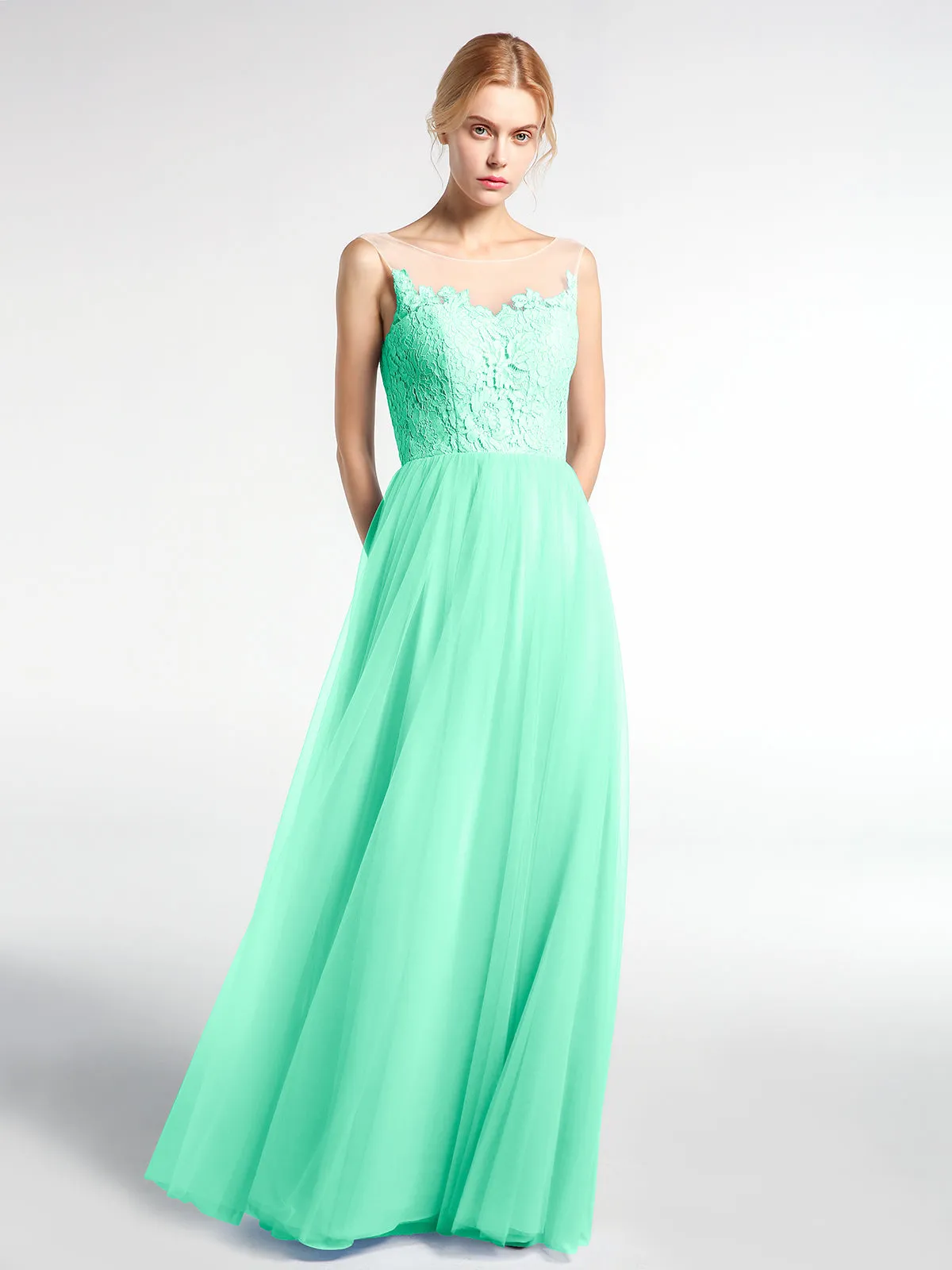 Illusion Neckline Lace and Tulle Maxi Dress-Turquoise