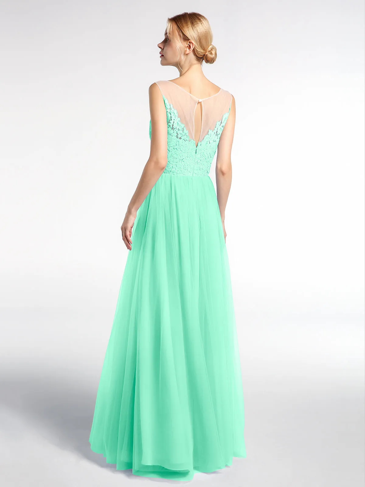 Illusion Neckline Lace and Tulle Maxi Dress-Turquoise