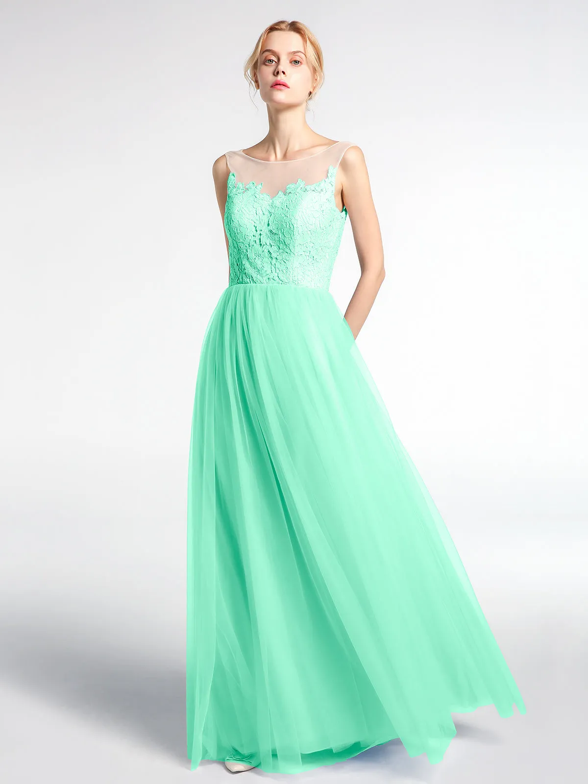 Illusion Neckline Lace and Tulle Maxi Dress-Turquoise