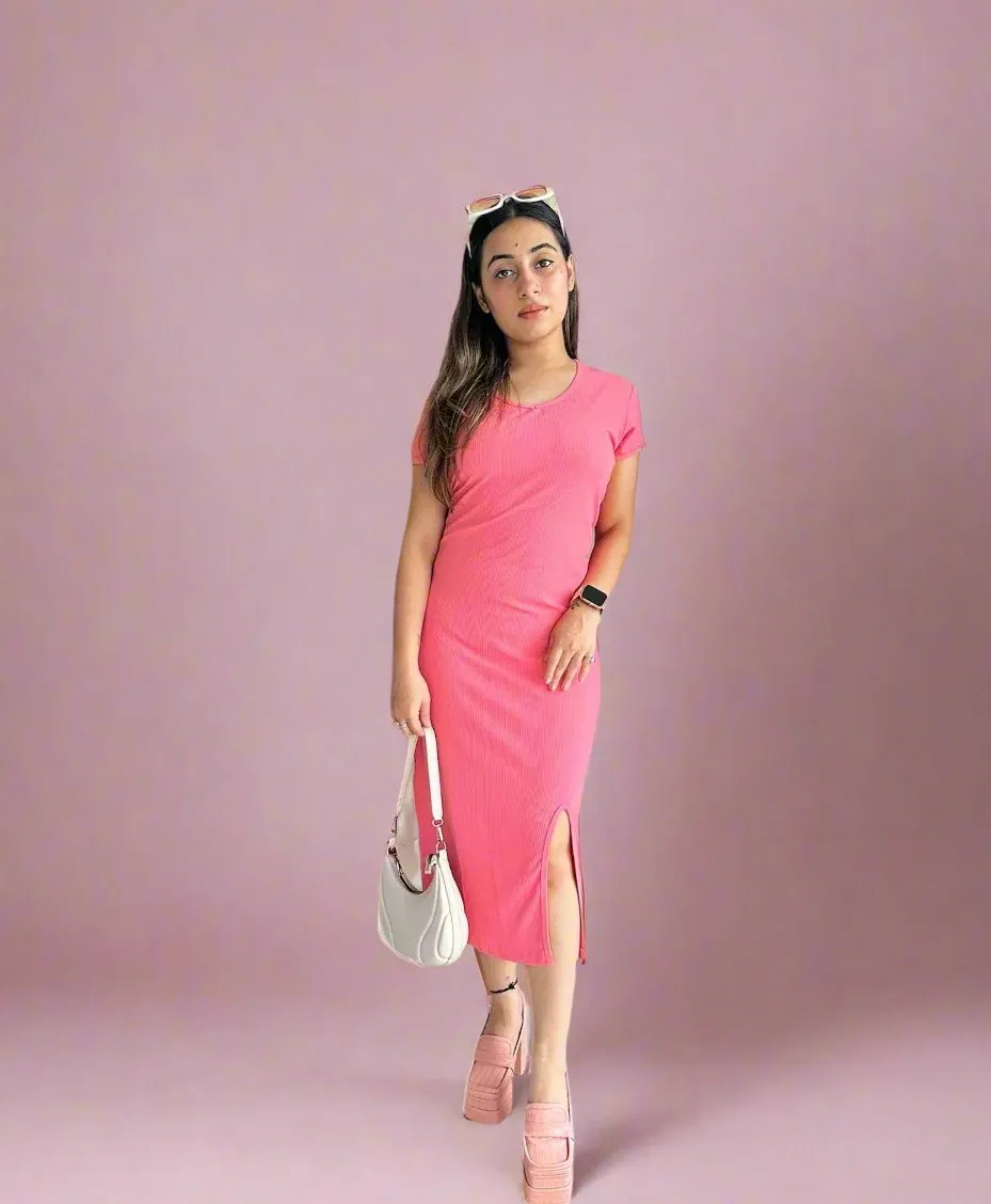 Imported Stretchable Ribbed Middi Dress