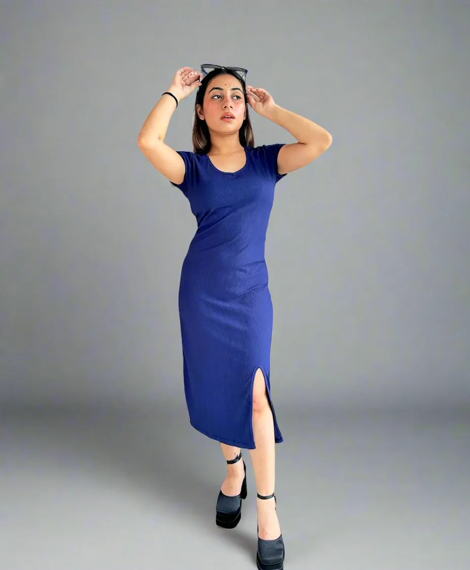 Imported Stretchable Ribbed Middi Dress